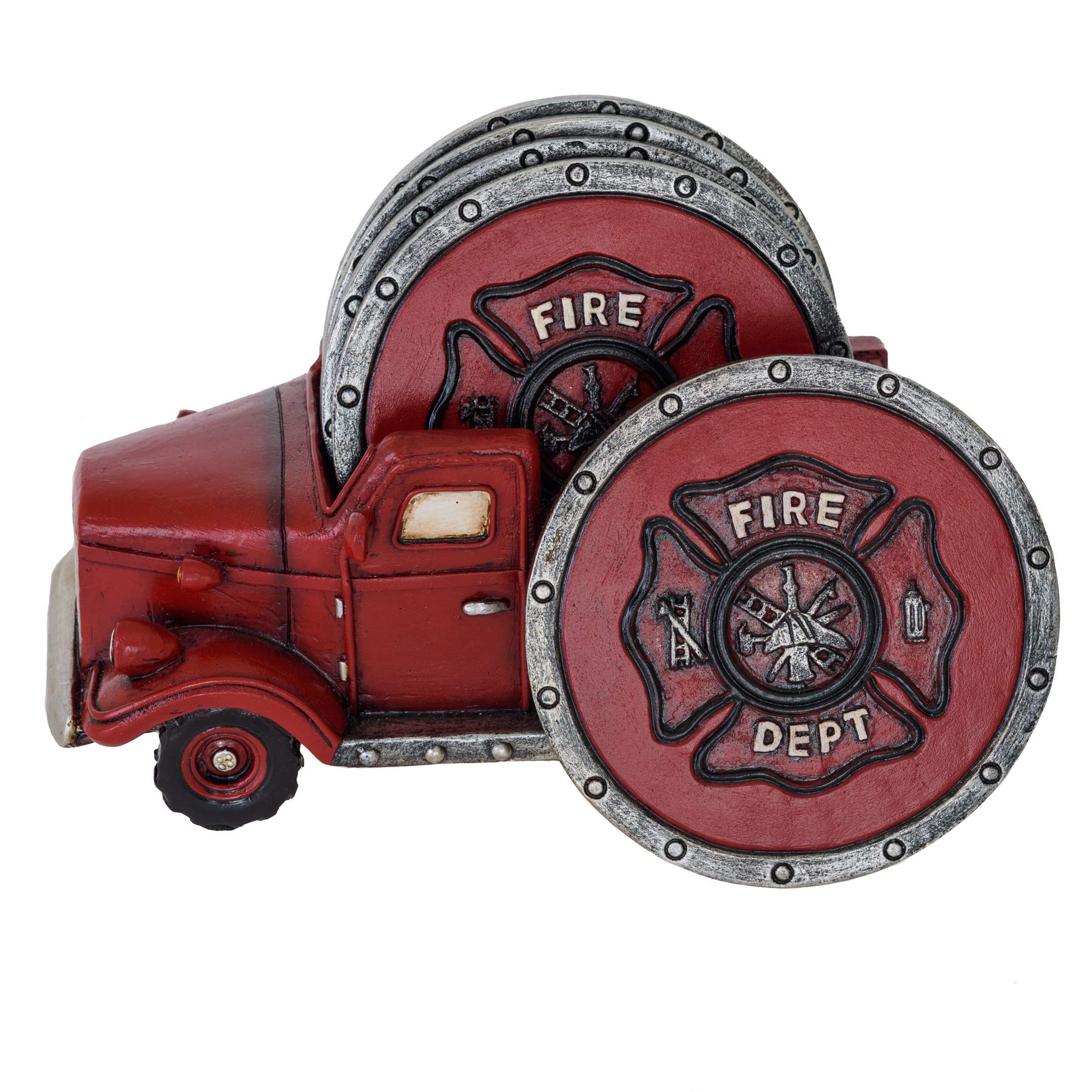Fire Truck Coaster Set of 5 - Firefighter Themed Absorbent Kitchen & Dining Table Coasters with Holder - Rustic Home Decor for Living Room, Bar, Office - Perfect Gift for Firefighter Enthusiasts