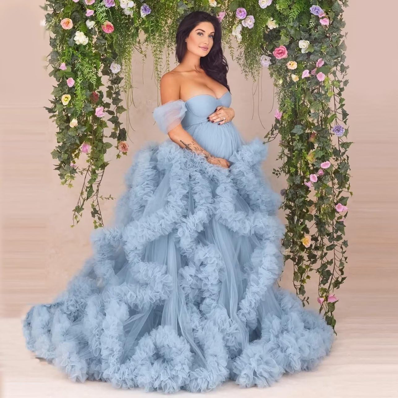 Elegant Maternity Photoshoot Dress - Off Shoulder Tulle Pregnancy Gown for Baby Shower, Bridal Lingerie & Special Occasions | Comfortable Puffy Robe for Expecting Mothers | Perfect for Maternity Photos, Baby Showers and Pregnancy Celebrations