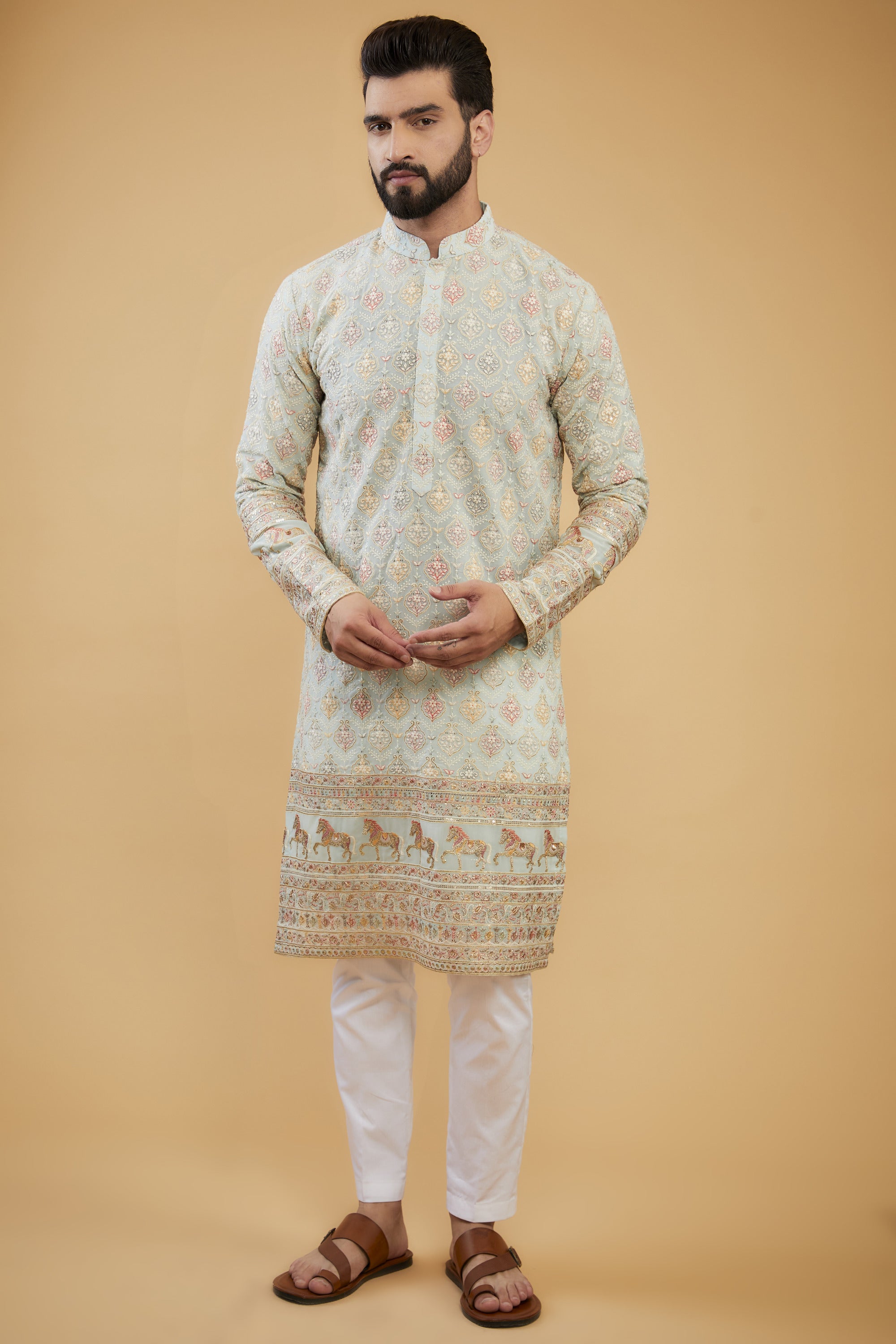 Elegant Powder Blue Chikankari Kurta with Heavy Embroidered Hem & Intricate Motifs - Perfect for Festivals, Weddings & Ethnic Occasions