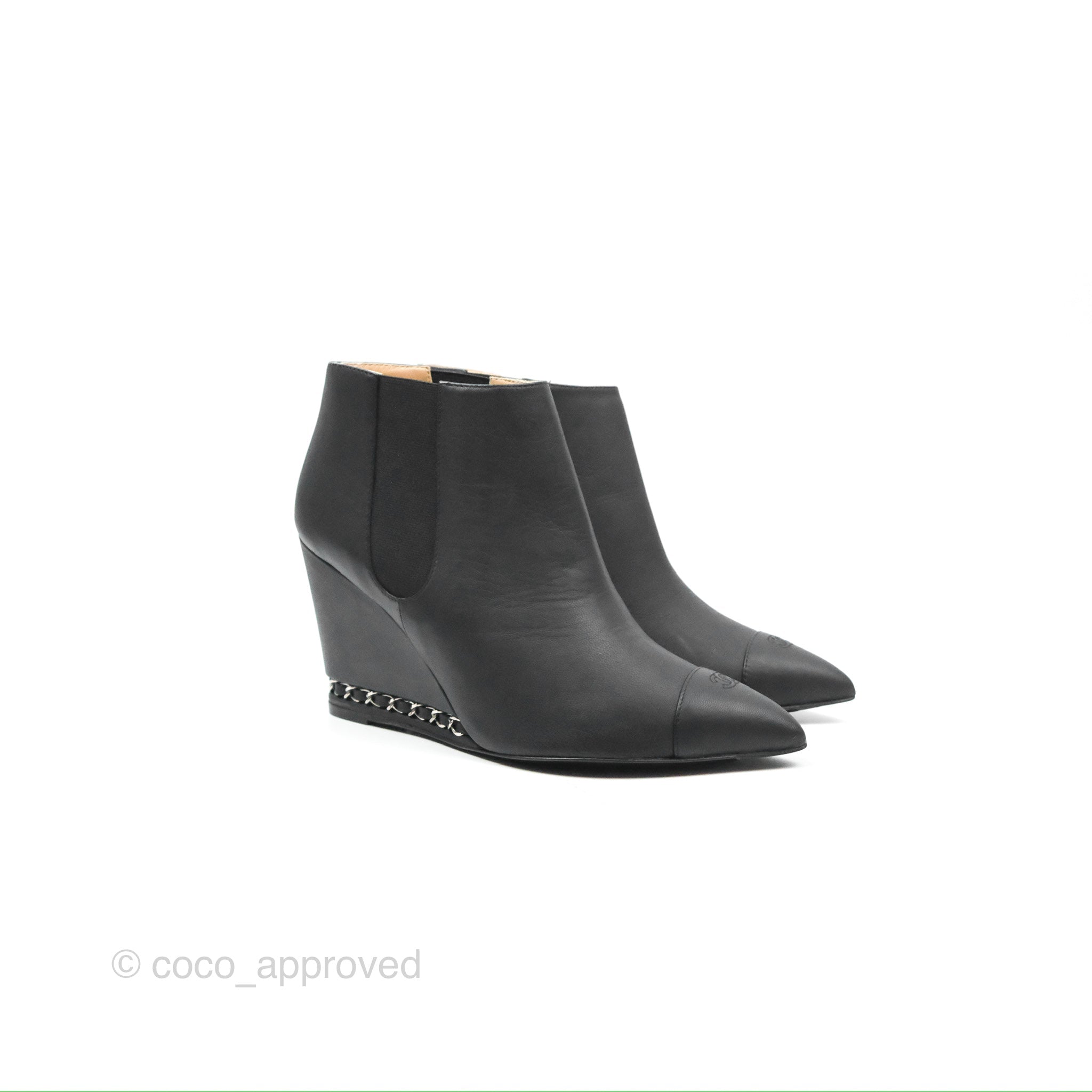 Chanel CC Pointy Toe Chain Wedge Ankle Boots Black Leather Women's Shoes - Perfect for Evening Parties, Date Nights & Fashion Events