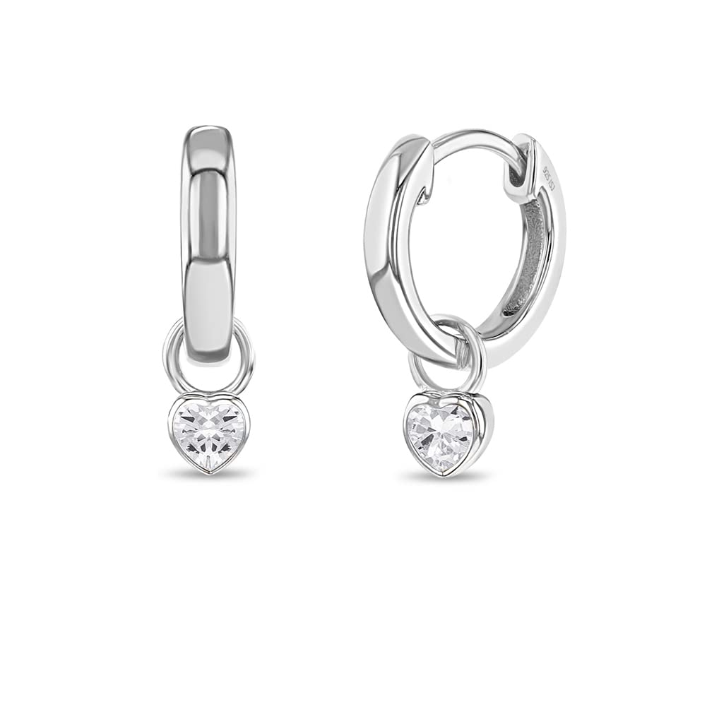925 Sterling Silver Petite Simulated Birthstone Heart Charm Hoop Earrings for Girls | 12mm Cubic Zirconia Stud Earrings | Dainty Birthstone Jewelry Gift for Teens | Perfect for Birthdays, Valentine's Day & Everyday Wear