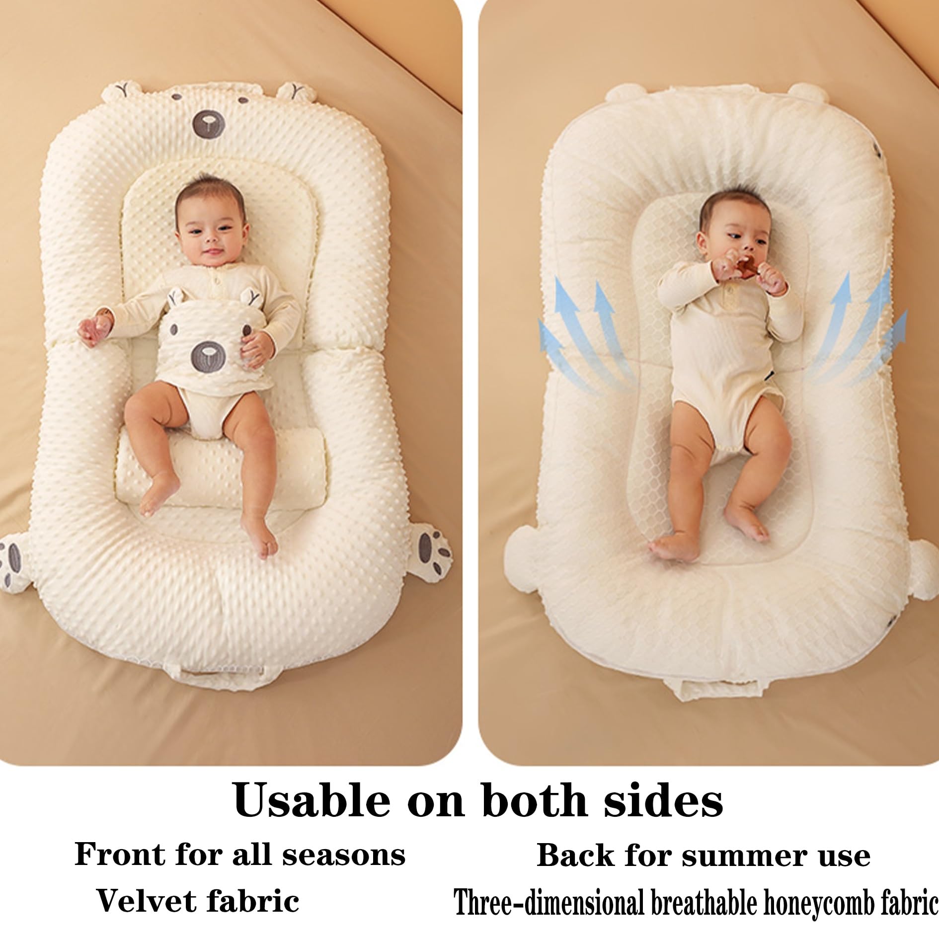 Breathable Portable Baby Recliner Cover for Newborns 0-24 Months - Foldable 3D Bean Velvet Baby Nest with XXL Size (Outer:45x27.5in, Inner:25.9x11.8in) - Perfect for Nursery, Travel & Breastfeeding Support