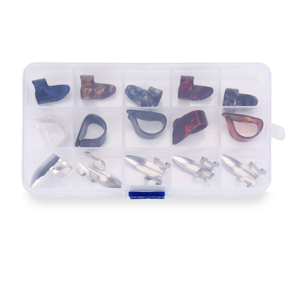 15Pcs Guitar Picks Variety Pack with Plastic Storage Box - Durable Thumb Picks & Finger Protectors for Guitar Training, Practice & Live Performances - Perfect for Beginners & Professional Musicians