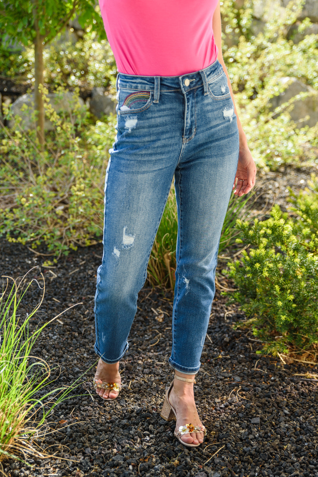 Hi Rise Rainbow Embroidery Cropped Straight Leg Jeans for Women - Trendy High Waisted Denim Pants with Colorful Stitching - Perfect for Casual Outfits, Street Style & Summer Fashion