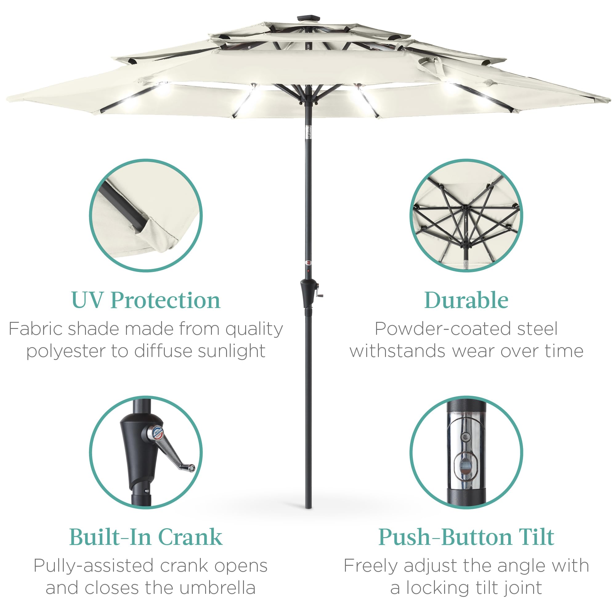 Best Choice Products 10ft 3-Tier Solar Patio Umbrella with 24 LED Lights - Adjustable Tilt & Easy Crank, 8-Rib Design for Backyard, Deck, Poolside - Perfect for Outdoor Dining, Lounging, and Summer Gatherings (Ivory)