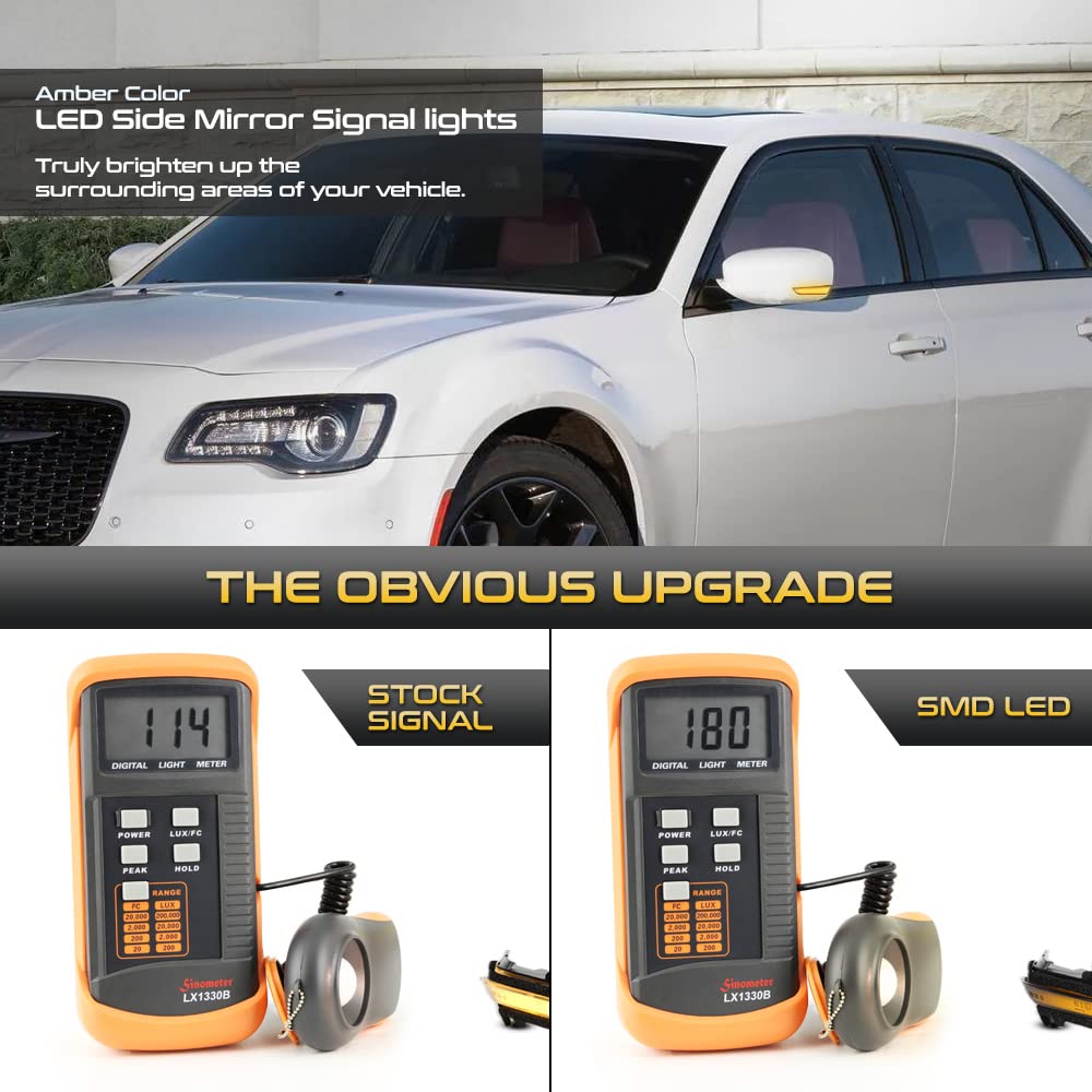 VIPMOTOZ Sequential Amber LED Tube Side Mirror Turn Signal Lights - Compatible with 2011-2023 Chrysler 300 - Smoked Tinted Lens & Black Housing - Driver & Passenger Side Pair Set - Enhances Safety & Style for Night Driving and Custom Car Looks