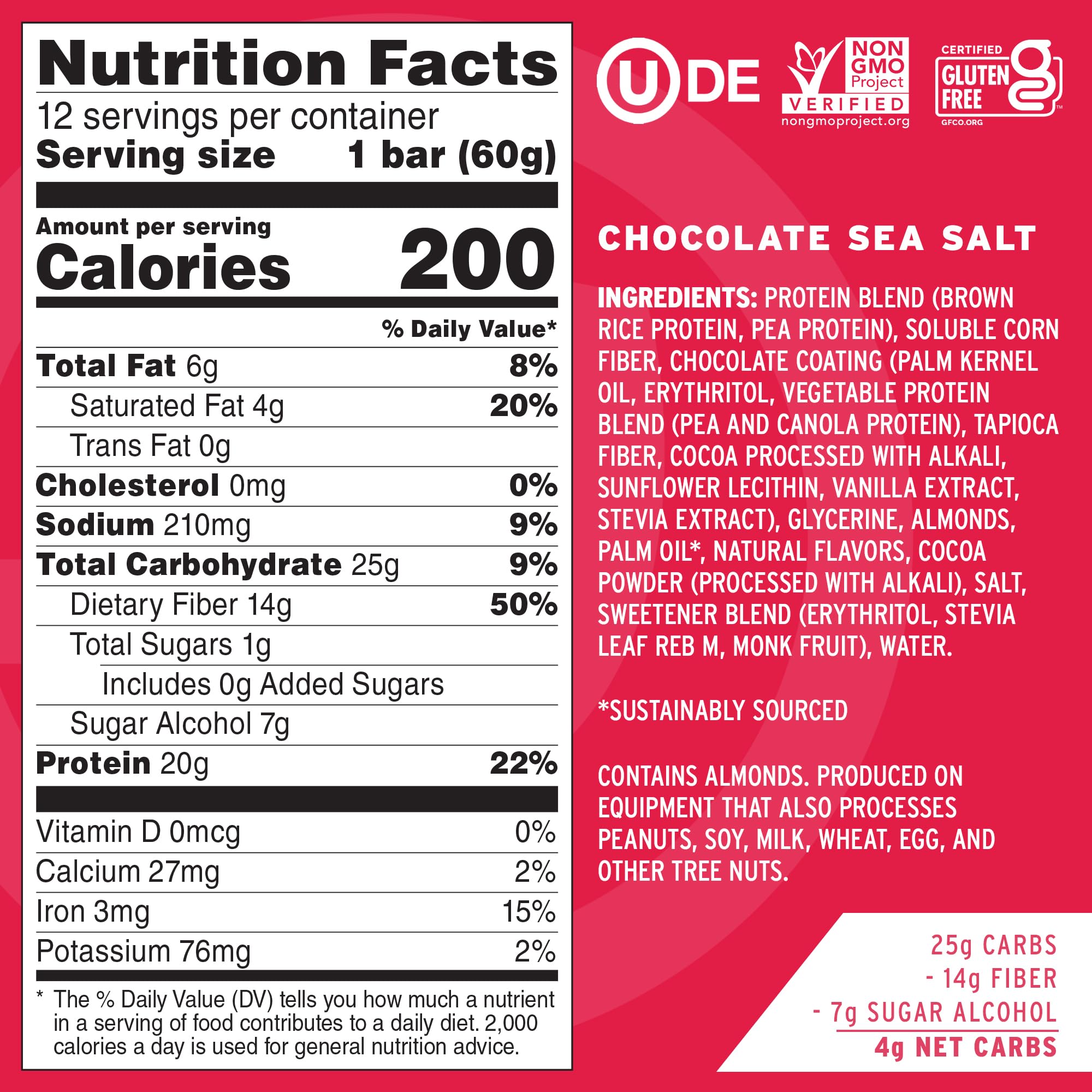 No Cow High Protein Bars, Chocolate Sea Salt - 20g Vegan Protein, Low Sugar, Keto Friendly, Dairy & Gluten Free, High Fiber Healthy Snacks (12 Count) - Perfect for Gym, Hiking & On-the-Go Nutrition