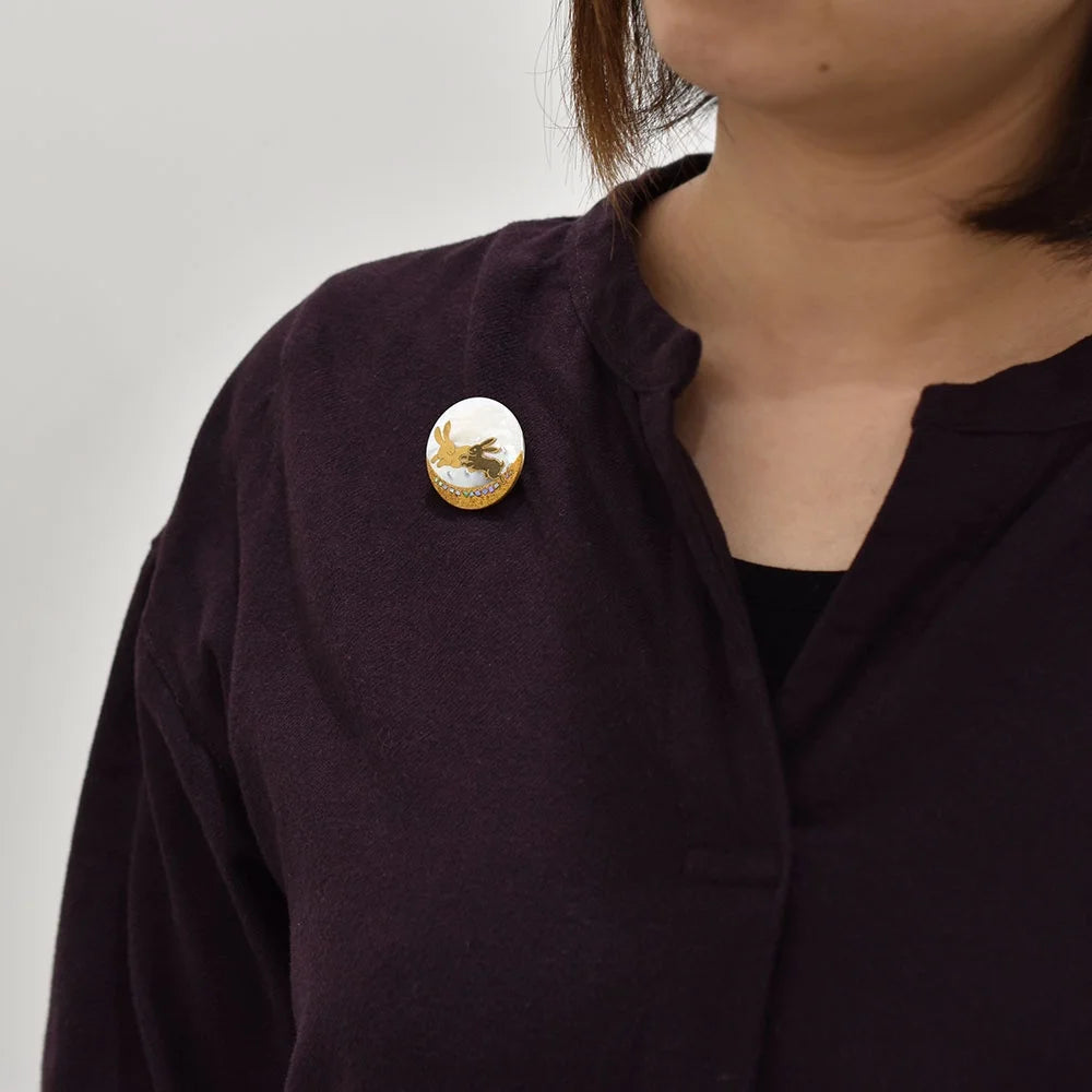Handmade Japanese Maki-e Urushi Lacquer Brooch with White South Sea Pearl Shell - Rabbit Design Traditional Jewelry for Women, Gift for Collectors & Special Occasions