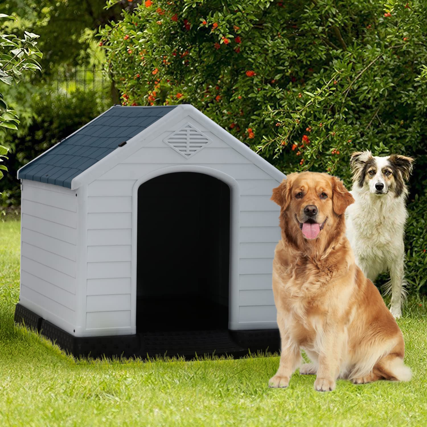 39 Inch Large Dog House with Air Vents & Elevated Floor - Durable Plastic Kennel for Small, Medium & Large Dogs - Indoor & Outdoor Use for Backyard, Patio or Garage
