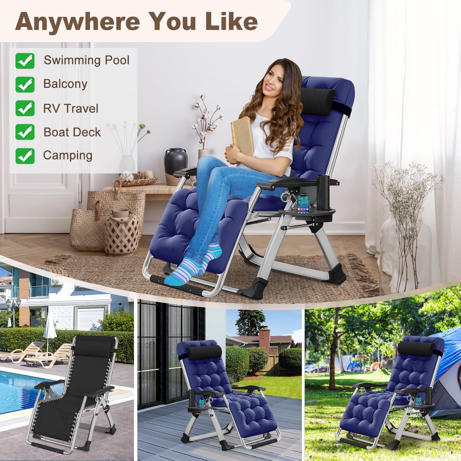 DoCred Comfortable Folding Recliner Chair with Removable Cushion - Indoor Outdoor Lounge Chair for Bedroom, Living Room & Patio - Perfect for Relaxing, Reading & Sunbathing