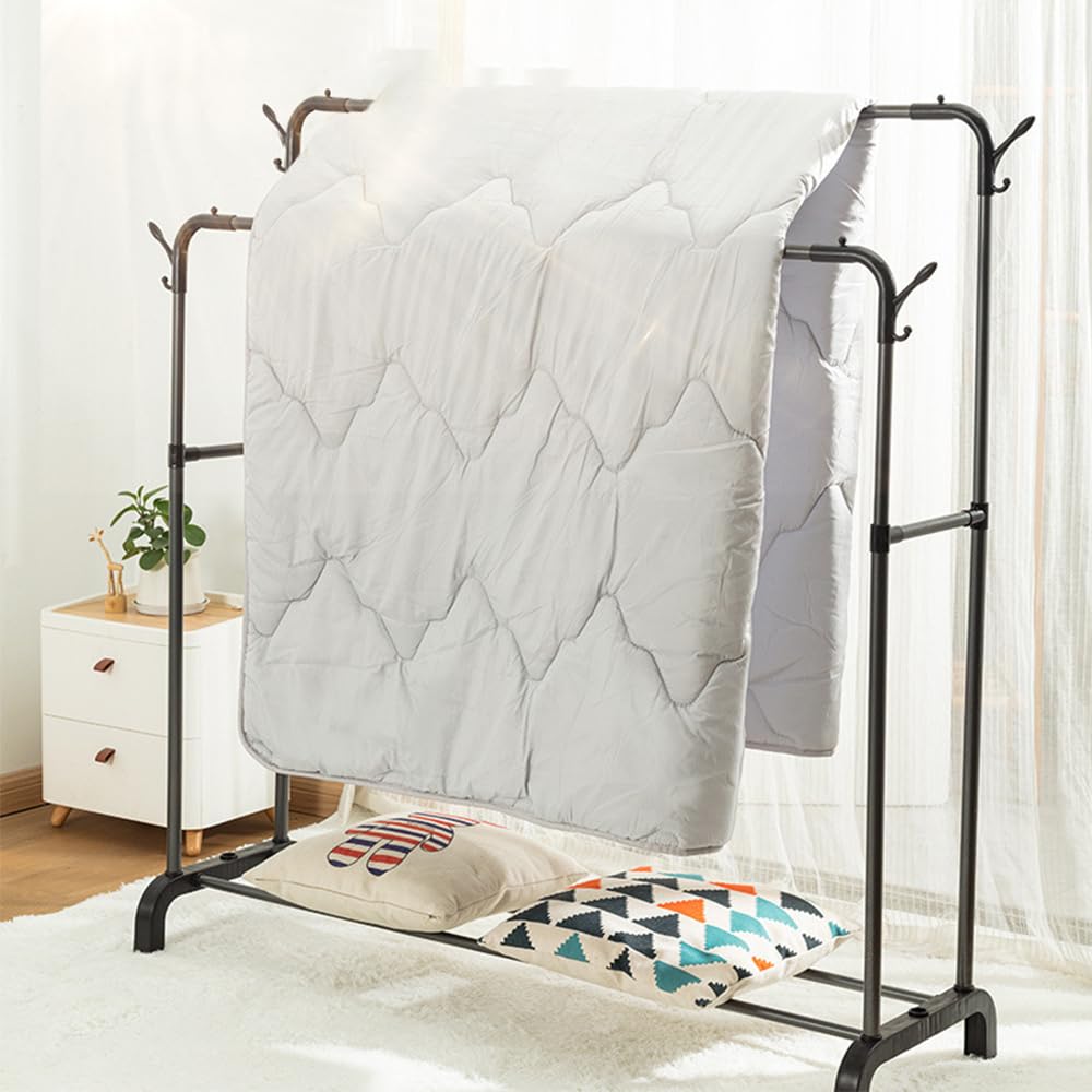 Double Rod Garment Rack with 4 Hooks - Heavy Duty Clothes Hanging Organizer for Coats, Shirts, Skirts & Sweaters | Space Saving Bedroom & Closet Storage Solution | Perfect for Small Spaces, Dorm Rooms & Laundry Areas