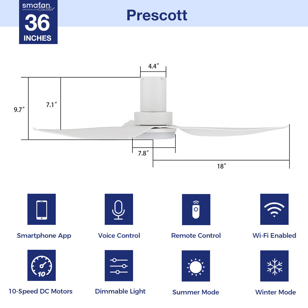 36 Inch Prescott Low Profile Smart Ceiling Fan with LED Light and Remote Control - Perfect for Bedroom, Living Room, and Office Spaces