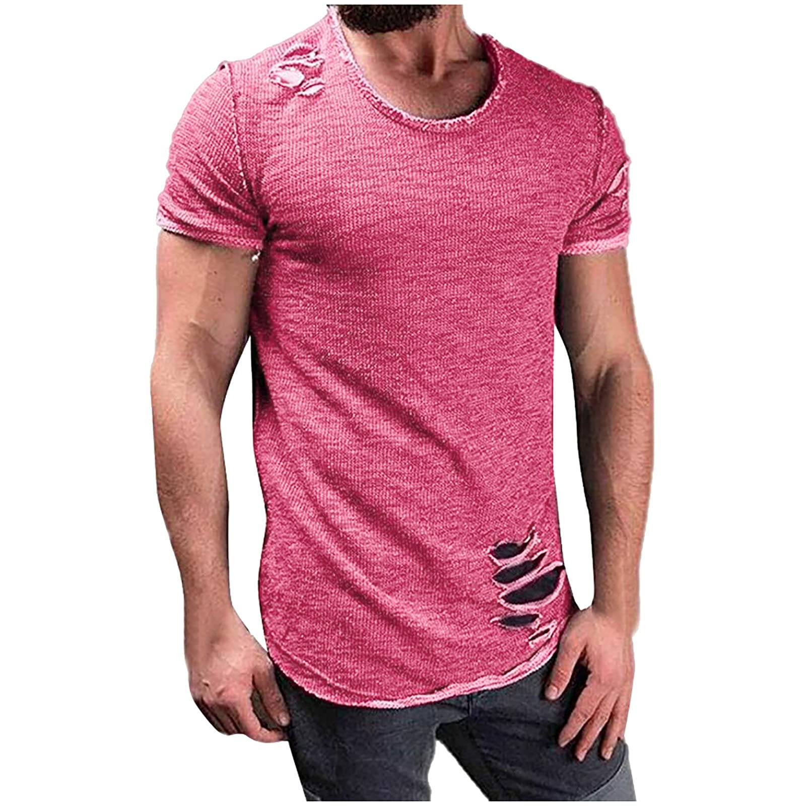 **YUNDAN Men's Short Sleeve T-Shirt - Round Neck Distressed Ripped Tee for Workout, Fitness & Running | Casual Streetwear & Gym Apparel**    *(Use Case: Perfect for gym workouts, running, casual streetwear, or everyday fashion.)*
