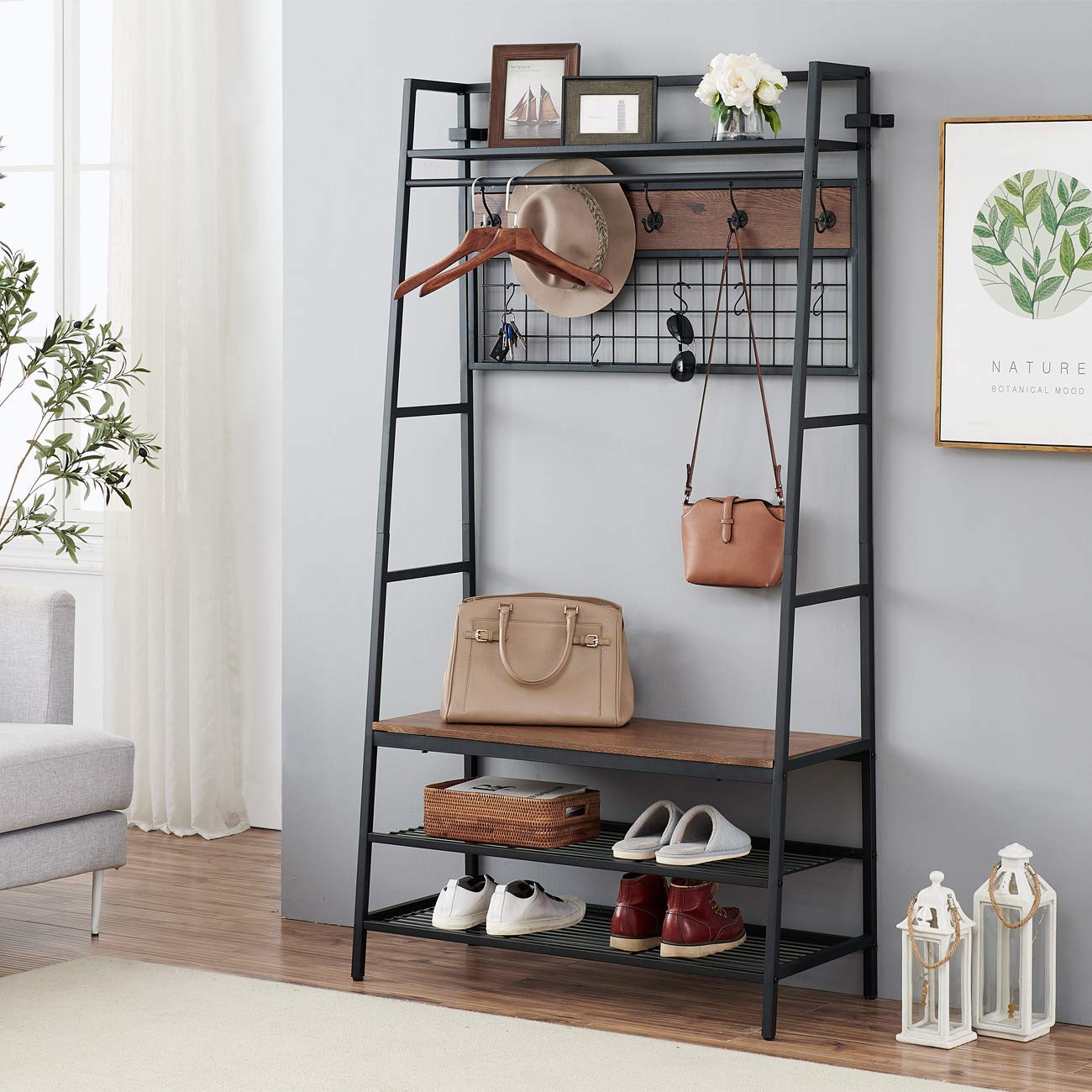 O&K FURNITURE 5-in-1 Hall Tree with Bench, Coat Rack & Storage | Entryway Organizer with Shoe Storage & Hooks | Brown Finish | Perfect for Mudroom, Foyer & Small Space Organization
