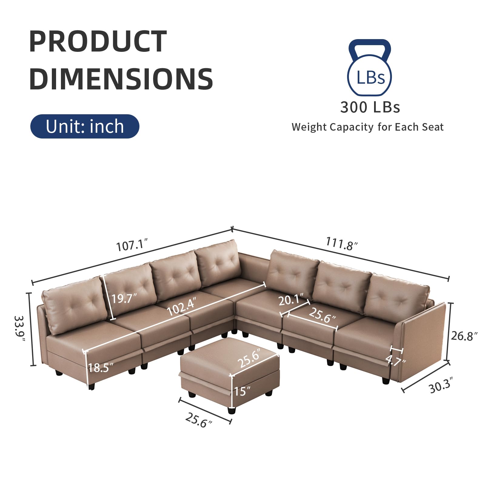 LLappuil Modular Sectional Sofa - Convertible L-Shaped Couch with Storage Ottoman | 7-Seater Faux Leather Living Room Sofa Set with Chaise Lounge | Perfect for Apartments, Home Theater & Family Gatherings (Cognac Brown)