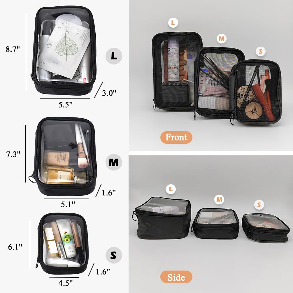 3-Piece Mesh Makeup Bag Set with Zipper - Small, Medium & Large Lightweight Cosmetic Organizer for Travel, Gym & Daily Essentials Storage