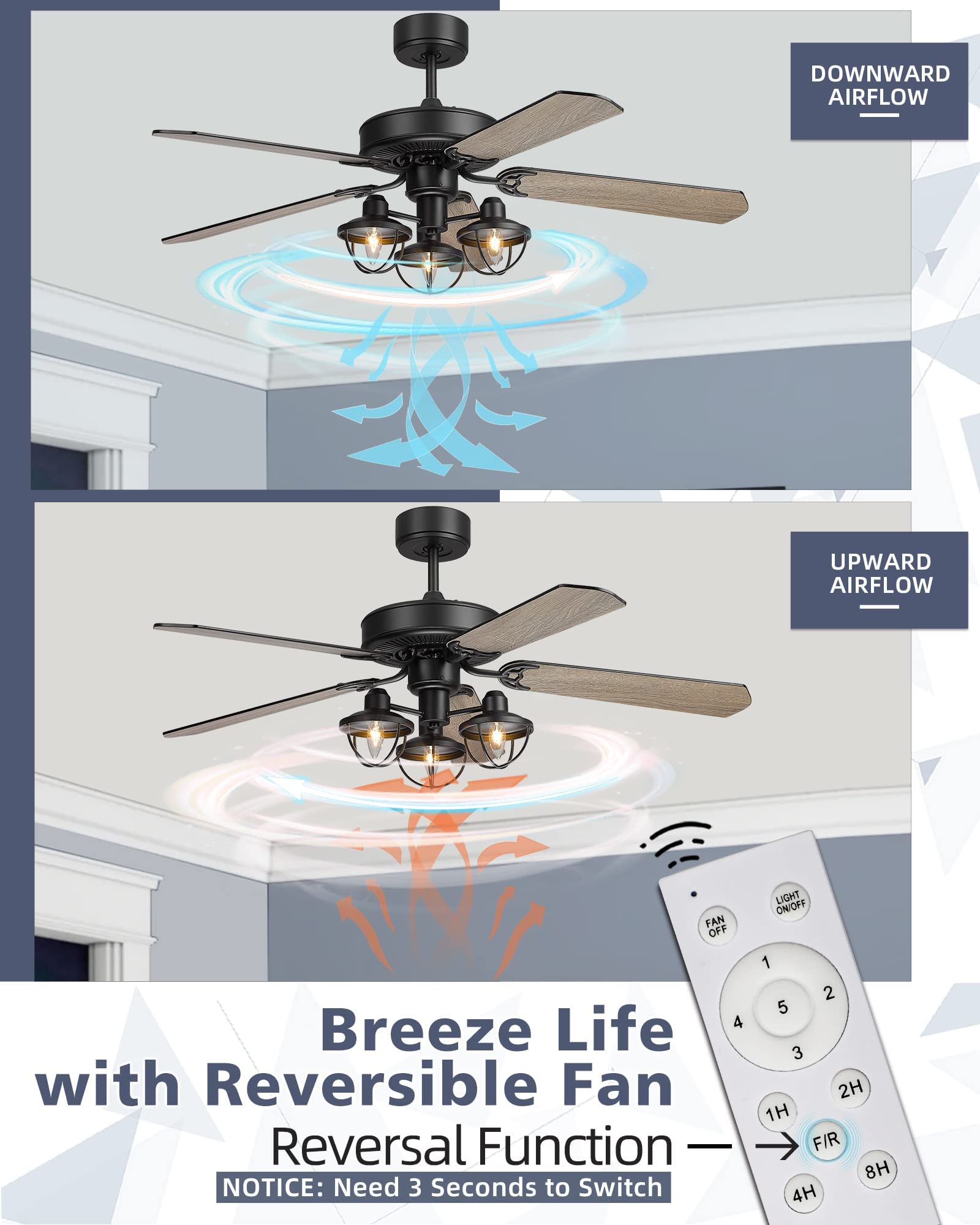 YOUKAIN 52-YJ632 & 52-YJ631 Ceiling Fan Set of 2 - 52 Inch Matching Bundle with Lights - Modern Indoor Ceiling Fans for Living Room, Bedroom, and Office - Energy Efficient & Quiet Operation