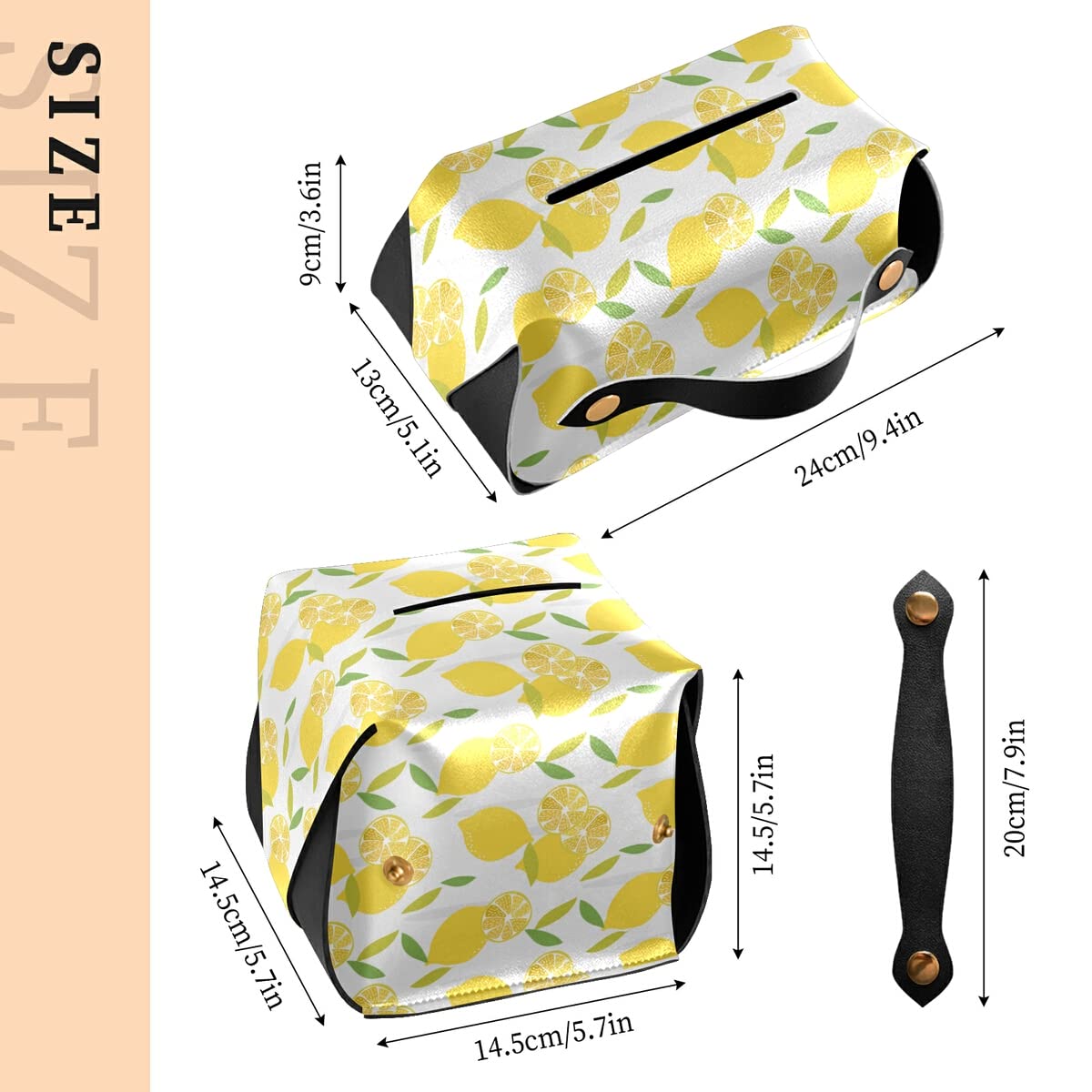 Premium PU Leather Lemon Tissue Box Cover - Rectangle Facial Tissue Dispenser with Hanging Loop for Bathroom, Kitchen, Nightstand & Office Decor | Summer Fruit Theme Home Accessory