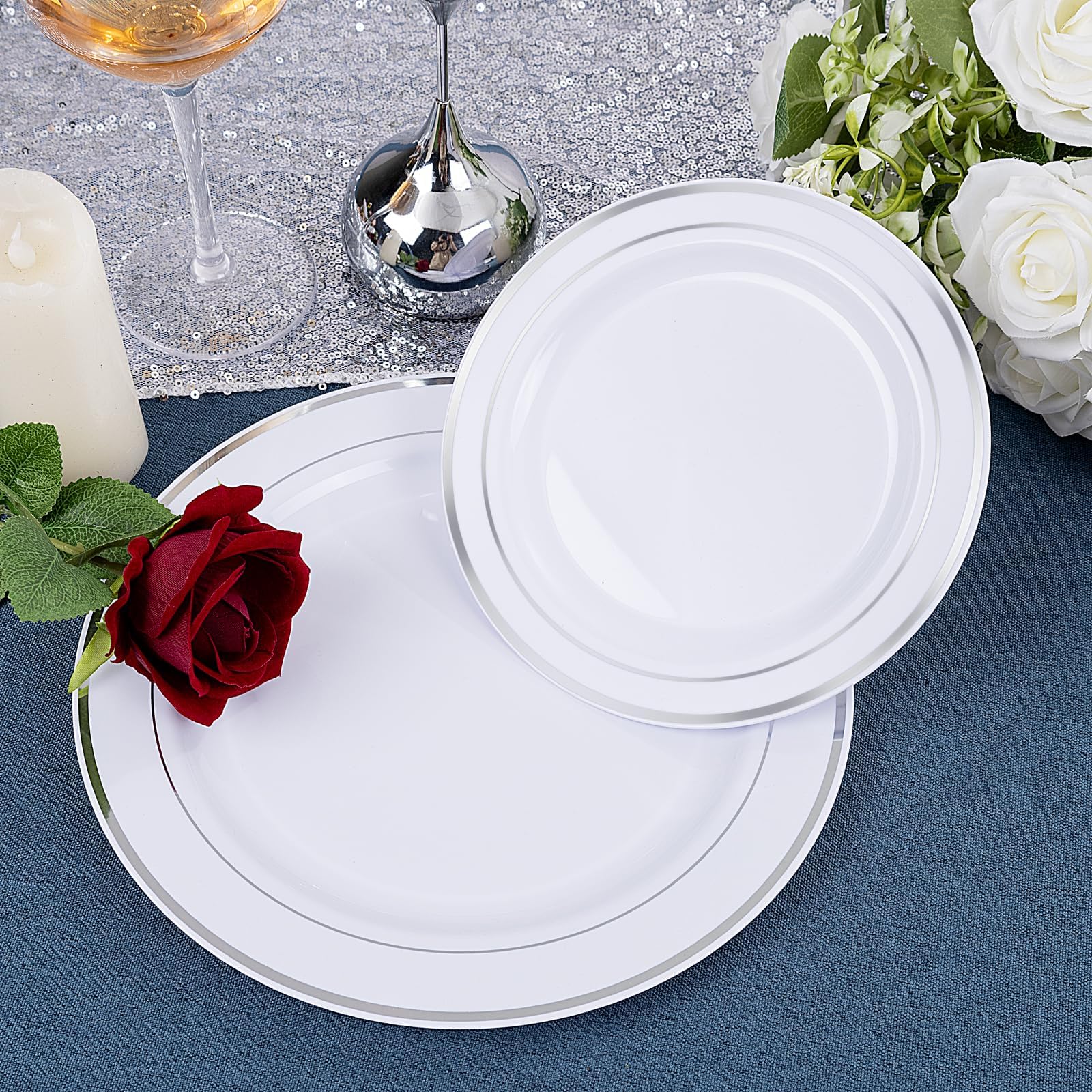 150-Piece Silver Plastic Disposable Dinnerware Set - Includes 25 Dinner Plates, 25 Salad Plates, 25 Forks, 25 Knives & 25 Spoons with 25 Napkins - Perfect for Parties, Catering & Outdoor Events