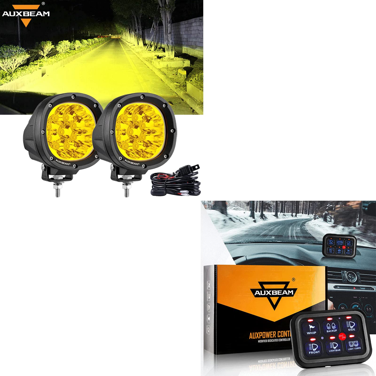 Auxbeam 6 Gang Switch Panel with 4-Inch 90W Amber Round LED Off-Road Lights - Super Bright Driving Lights & Wiring Harness Kit for Trucks, Jeeps, and Off-Road Vehicles