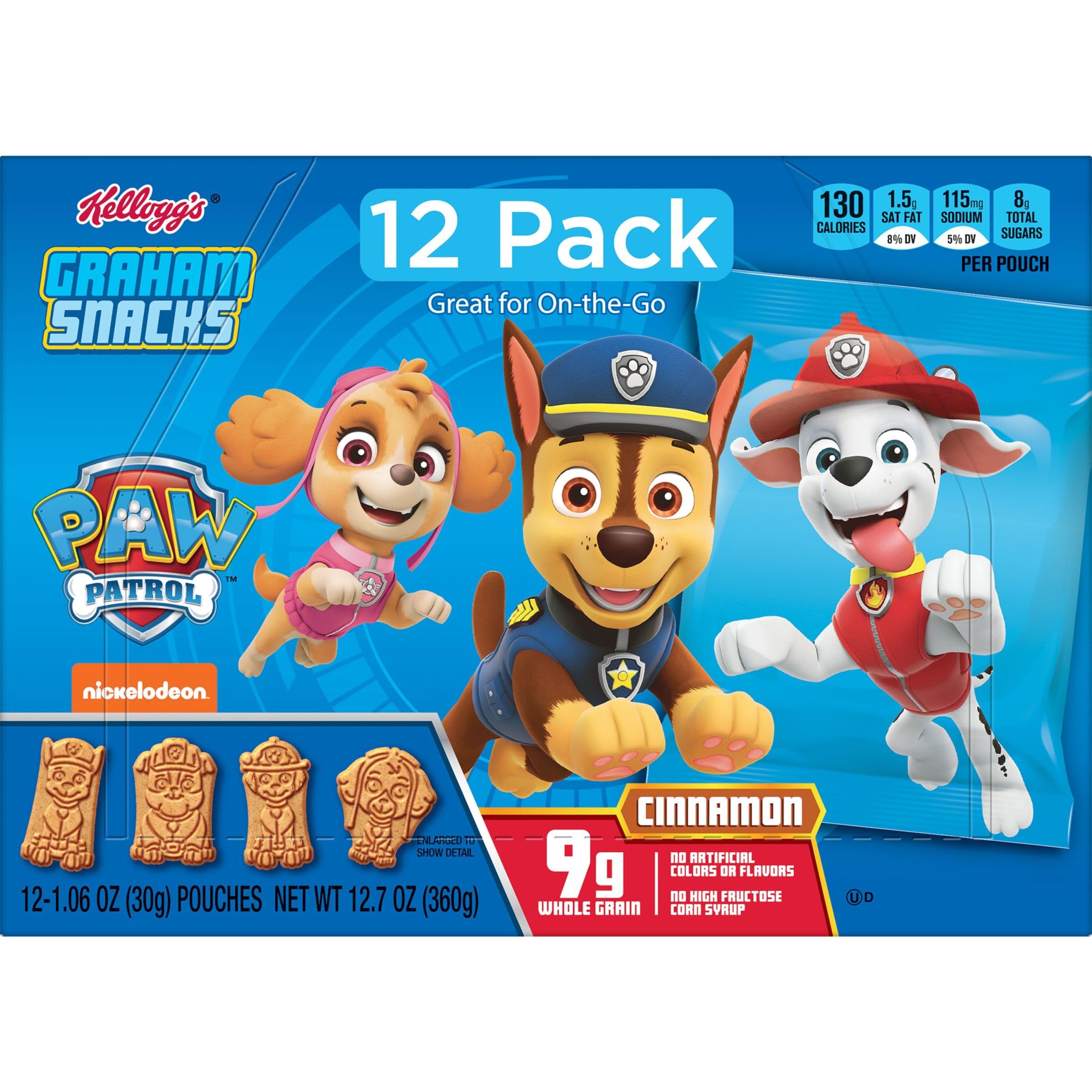 Kellogg's PAW Patrol Graham Snacks for Kids - Whole Grain Cinnamon Flavored Healthy Snack, 12.7oz Box (12 Individual Pouches) - Perfect for School Lunches, After-School Treats & Road Trips