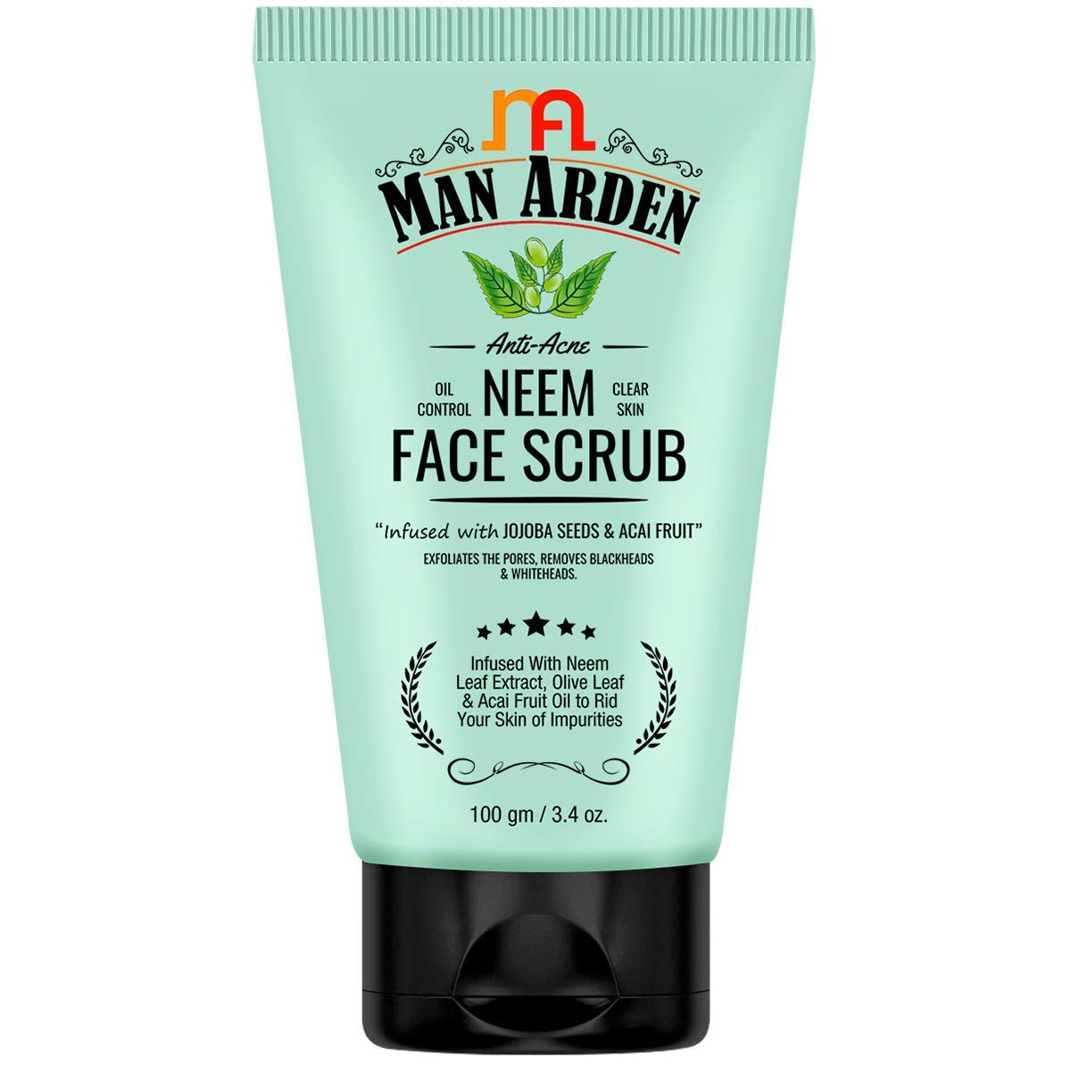 Man Arden Anti Acne Neem Face Scrub - Oil Control & Clear Skin Treatment with Jojoba Seeds, Neem Extract, Olive Leaf & Acai Fruit Oil - 100g Exfoliating Face Wash for Men - Perfect for Daily Skincare Routine & Acne-Prone Skin