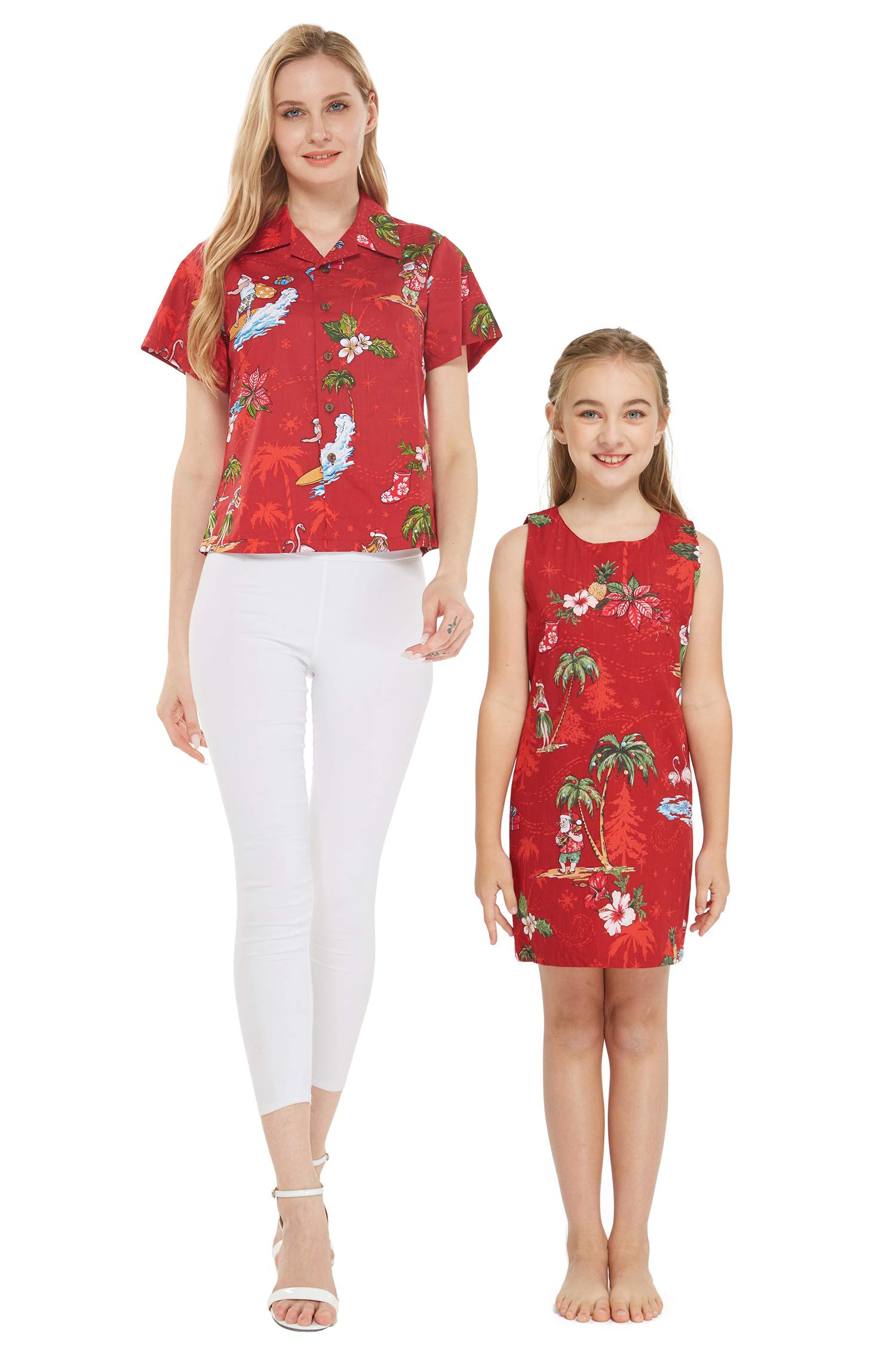 Hawaiian Matching Outfit Set - Christmas Themed Mother & Daughter Shirt and Tank Dress | Tropical Vacation, Family Photos, Holiday Party Wear