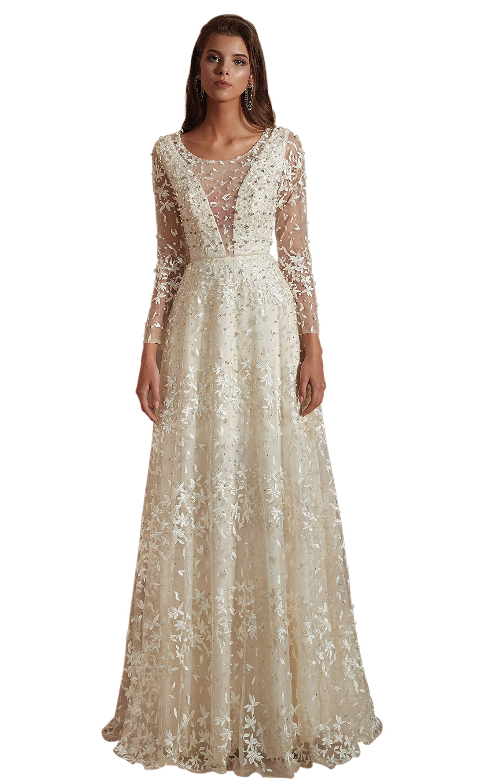 Elegant Beaded Long Sleeve Lace Applique Tulle Wedding Dress for Women - Perfect for Bridal, Formal Events & Romantic Photoshoots