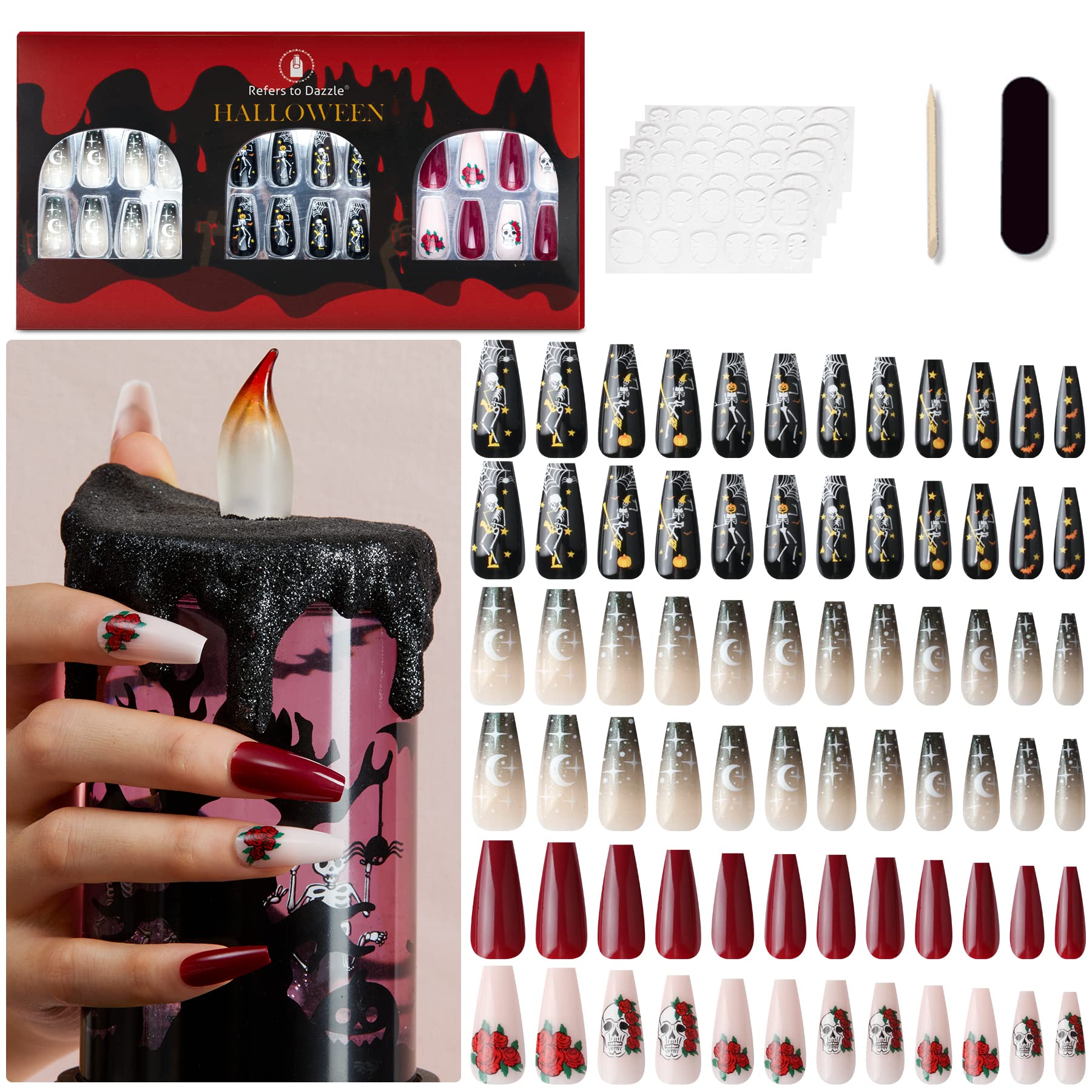 **72Pcs Halloween Coffin Press-On Nails - Skull & Dazzle Full Cover Fake Nails Gift Set for Spooky Nail Art & Party Decorations**    *(Perfect for Halloween Costumes, Themed Parties, Cosplay, and Gothic Nail Fashion)*