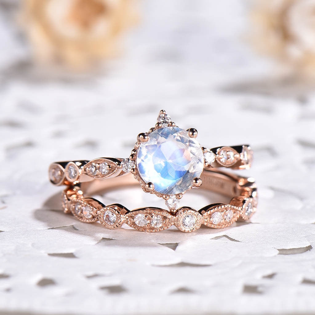 Vintage Art Deco Moonstone Diamond Rose Gold Engagement Ring Set for Women - 2 Piece Promise & Wedding Band - Perfect for Proposals, Anniversaries & Romantic Gifts
