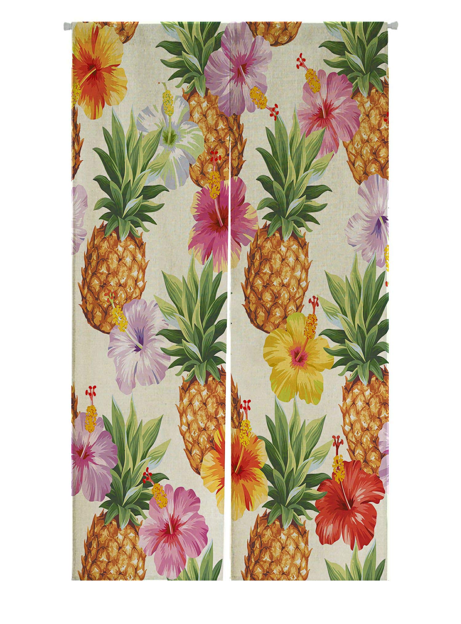 Hawaiian Pineapple Hibiscus Floral Japanese Noren Curtain - 85x150 cm Cotton Linen Door & Window Treatment for Tropical Home Decor | Perfect for Doorways, Windows, and Room Dividers