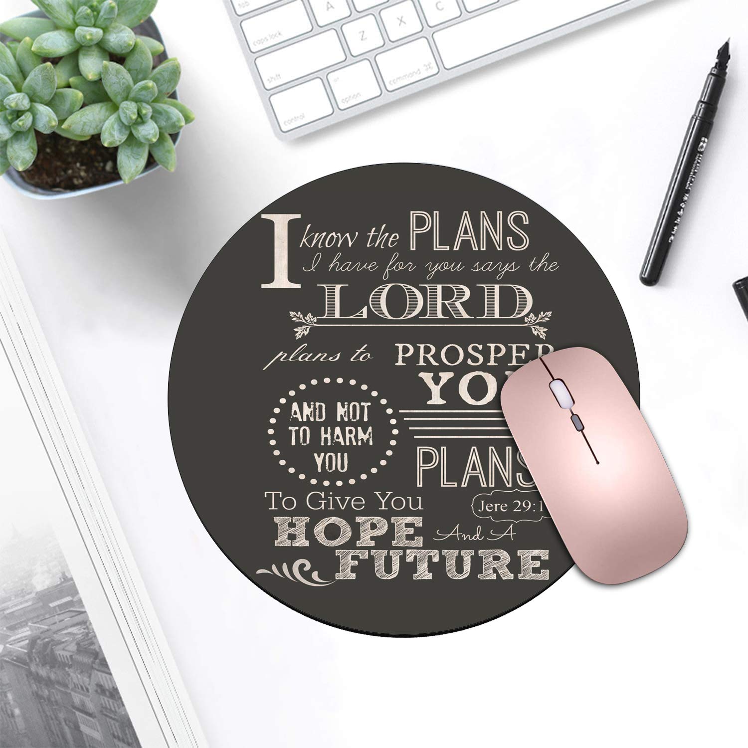 Non-Slip Round Mouse Pad with Coasters Set - Inspirational Bible Verse Jeremiah 29:11 Design for Computer & Laptop - Perfect for Office, Gaming & Home Workspace Decor