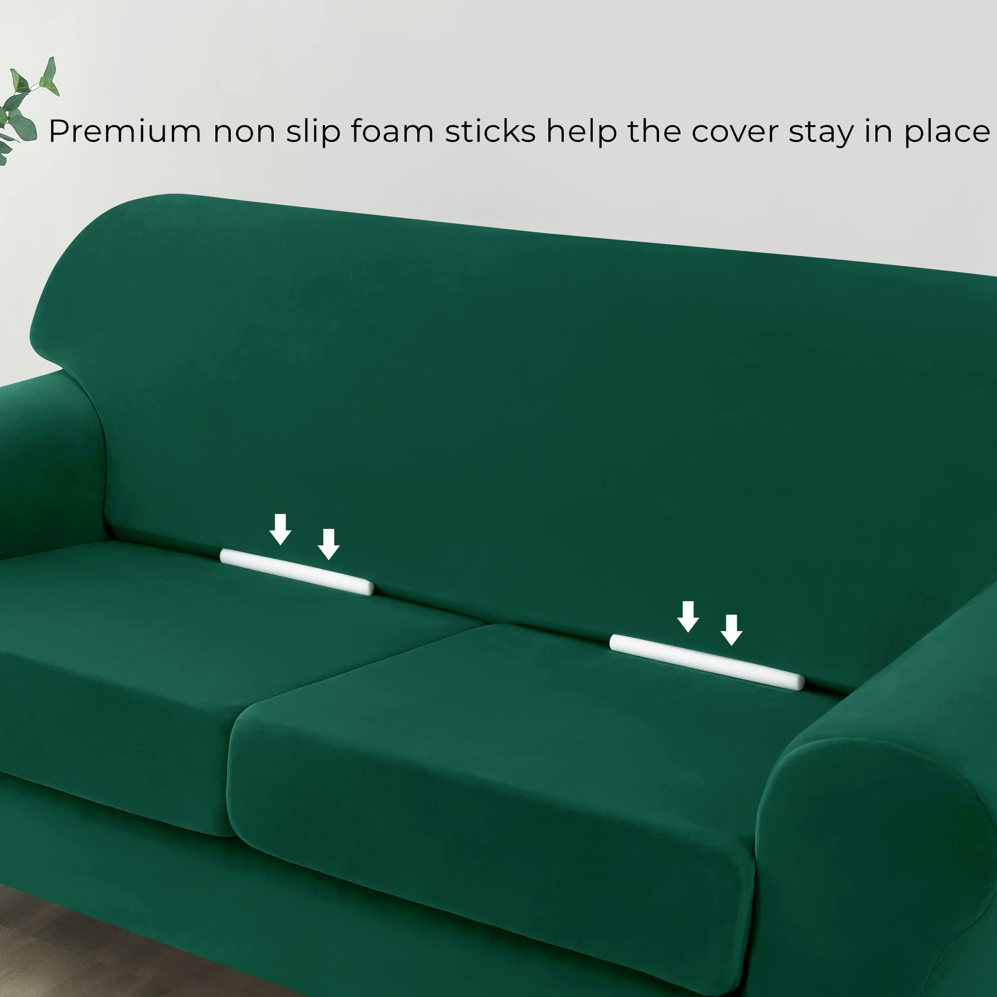 Stretch Velvet Sofa Slipcover for 2 Cushion Couch - Soft Thick Furniture Protector Cover for Loveseat - Pet & Kid Friendly Stretchable Sofa Cover (Medium, Green) - Perfect for Living Room, Family Room & Home Decor