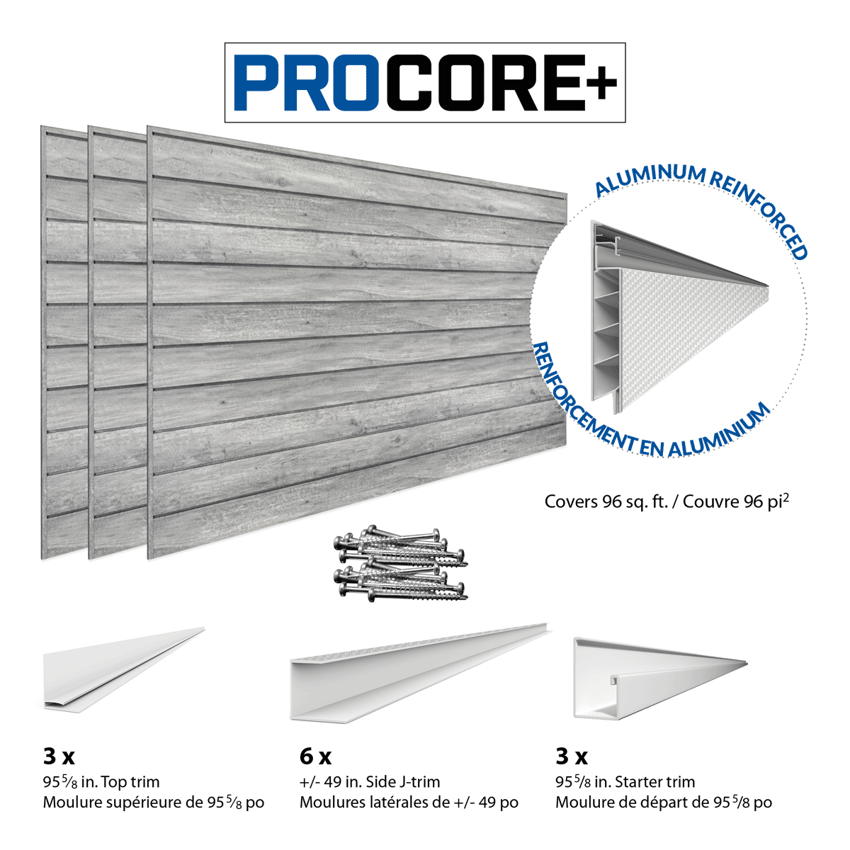 4 ft. x 8 ft. PROCORE+ Gray Wood PVC Slatwall Panel - 3 Pack (96 sq ft) for Retail Stores, Garages & Home Organization