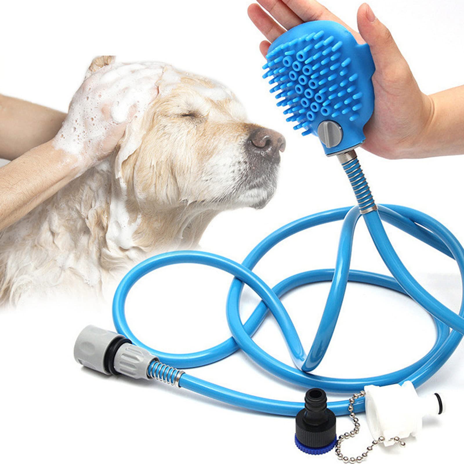 Dog Shower Attachment with Sprayer & Scrubber - All-in-One Pet Grooming Tool for Dogs & Cats | Indoor/Outdoor Bathing Accessory with 8-Ft Hose & Shower Adapters | Perfect for Home Bathing, Professional Grooming & Outdoor Cleaning
