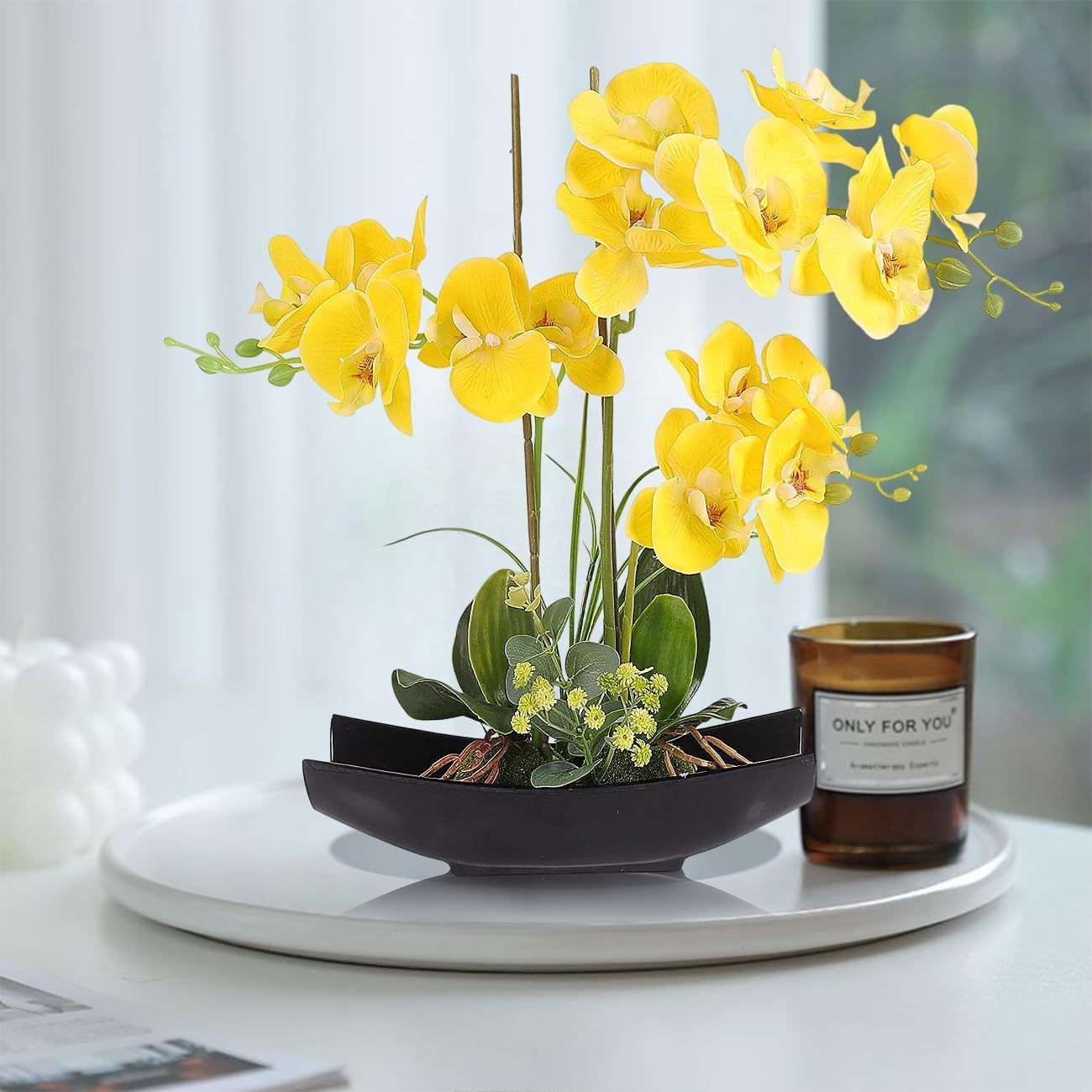YOBANSA Real Touch Silk Orchid Artificial Flowers in Pot - Lifelike Phalaenopsis Fake Orchid Arrangement for Home Decor (Yellow) | Perfect for Living Room, Office & Wedding Centerpieces