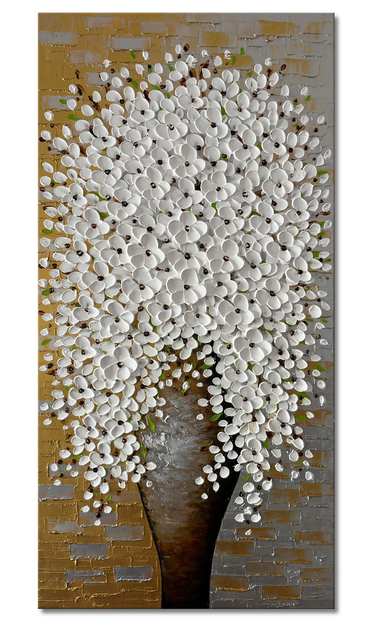 Zoinart 3D Floral Oil Paintings 24x48 Inch Hand-Painted Abstract Large Canvas Wall Art - White Flower Vertical Decorative Framed Texture Artwork Ready to Hang for Living Room, Bedroom & Office Decor