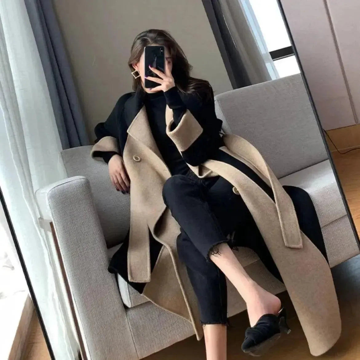 Stylish Women's Wool Blend Patchwork Trench Coat - Fashionable Winter Outerwear for Work, Travel & Special Occasions