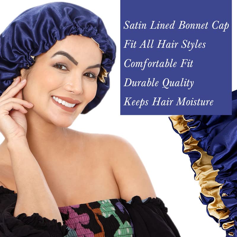 Reversible Satin Bonnet for Women - Adjustable Sleep Cap for Hair Protection & Comfort - Old Tree Design (Blue & Gold) - Perfect for Nighttime Hair Care & Travel Accessories