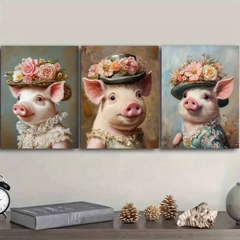 3pc Pig in Stylish Hat Wall Art Set - Framed Canvas 40x60cm - High Quality Print - 100% Australian Made - Ready to Hang - Perfect for Living Room, Bedroom & Office Decor