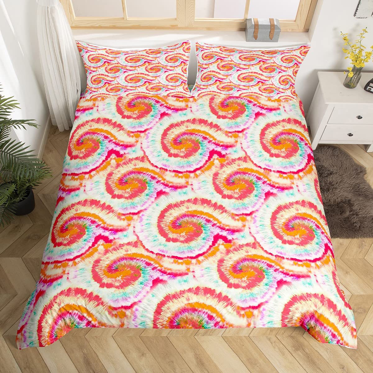Psychedelic Spiral Tie Dye Comforter Cover Twin Size - Bohemian Watercolor Swirl Duvet Cover Set for Kids Bedroom Decor, Ethnic Gypsy Artwork Bedding with Red Orange Trippy Indian Design - Perfect for Boho Chic Rooms, Teen Dorm Decor & Hippie Themed Bedrooms