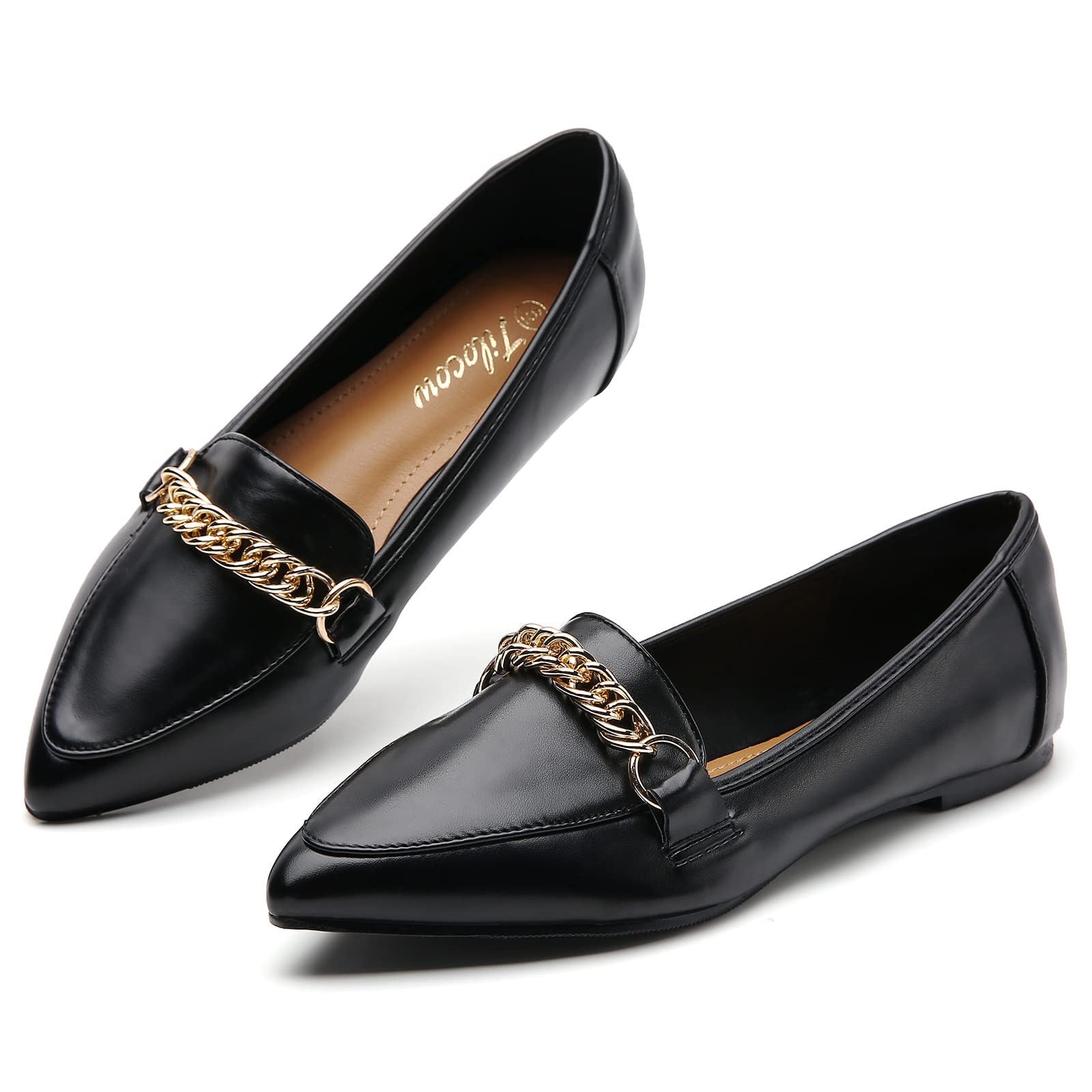 Tilocow Women's Pointy Toe Chain Link Loafers - Slip On Ballet Flats Comfortable Smoking Shoes for Work, Office & Casual Wear