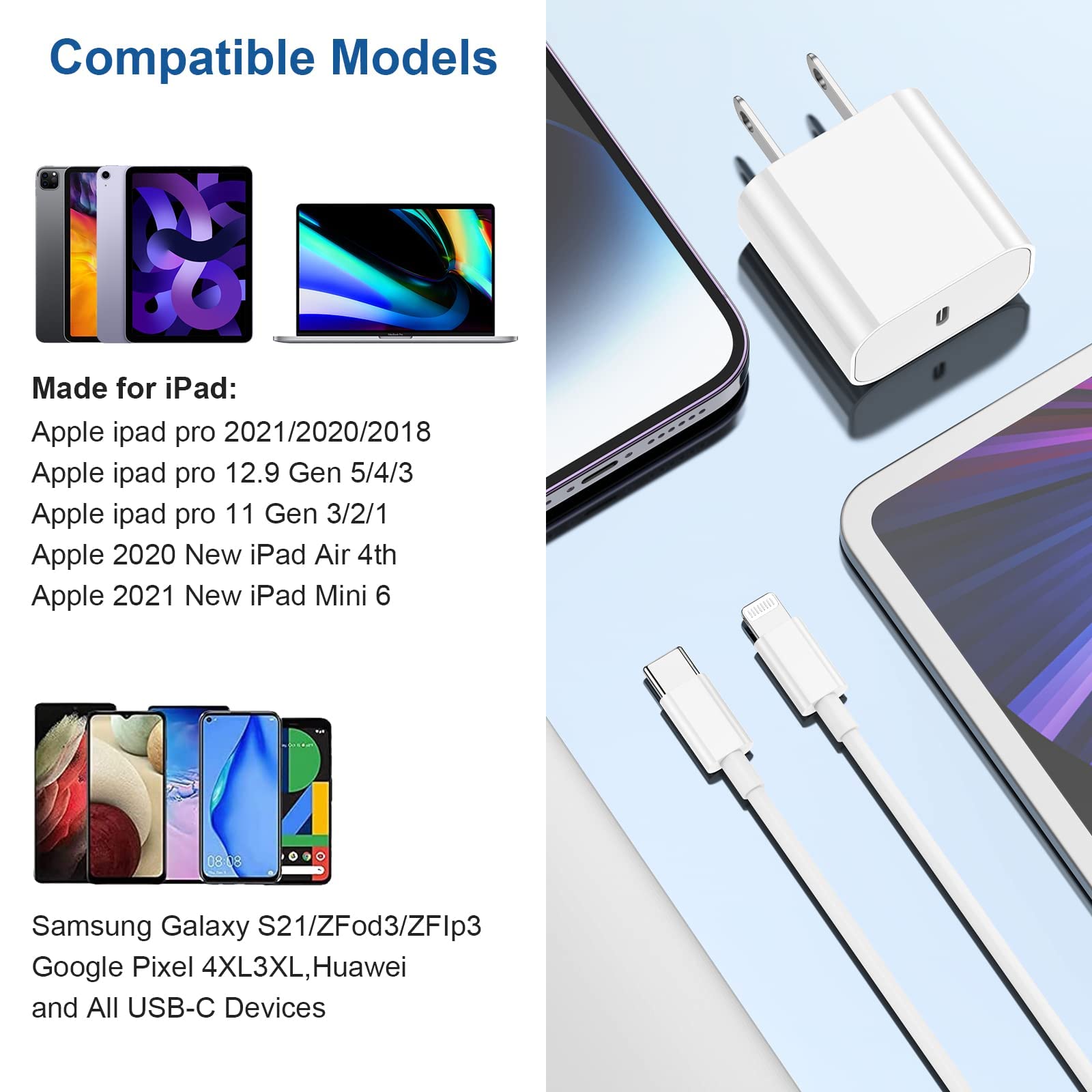 20W USB-C Fast Charger & 10ft USB-C to USB-C Cable for iPad Pro 12.9/11/10.9 (2022-2018), iPad Air 5/4, iPad Mini 6 - Fast Charging Block with Wall Adapter - Perfect for Home, Office & Travel