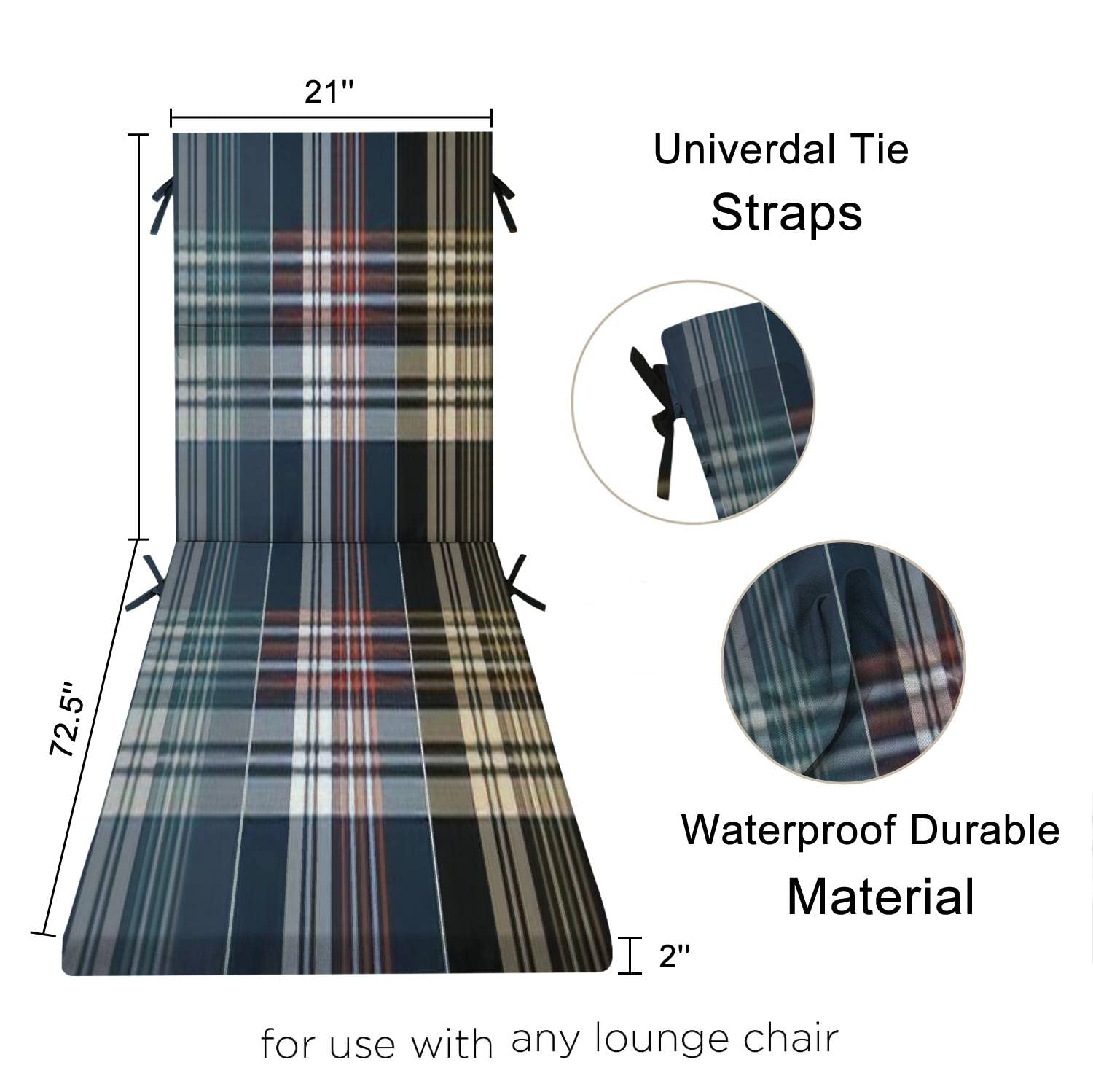 Outdoor & Indoor Chaise Lounge Cushion Set - Water-Resistant Plaid Patio Furniture Cushions in Black, Gold, Brown, Beige, Navy Blue, Red, White, Teal, Green & Grey - Perfect for Poolside Loungers, Patio Chairs & Sunbathing