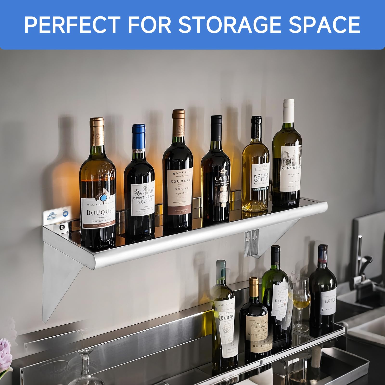 ROCKPOINT 18 x 72 Inch Stainless Steel Shelf - 500lb Capacity NSF Certified Commercial Shelving | Wall Mount Floating Shelves with Backsplash for Restaurant, Kitchen, Home & Hotel Storage | Heavy Duty Metal Shelving Unit for Pantry, Garage, Laundry Room Organization (Silver)