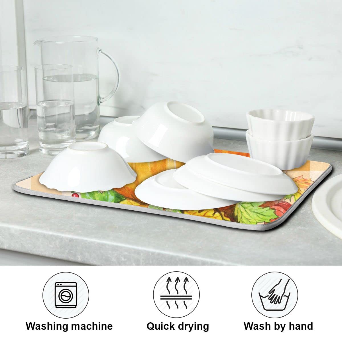 Sunflower Autumn Pumpkin Microfiber Dish Drying Mat - Absorbent Kitchen Counter Protector, 16x18 Inch, Perfect for Countertops, Sink Areas, and Dish Racks