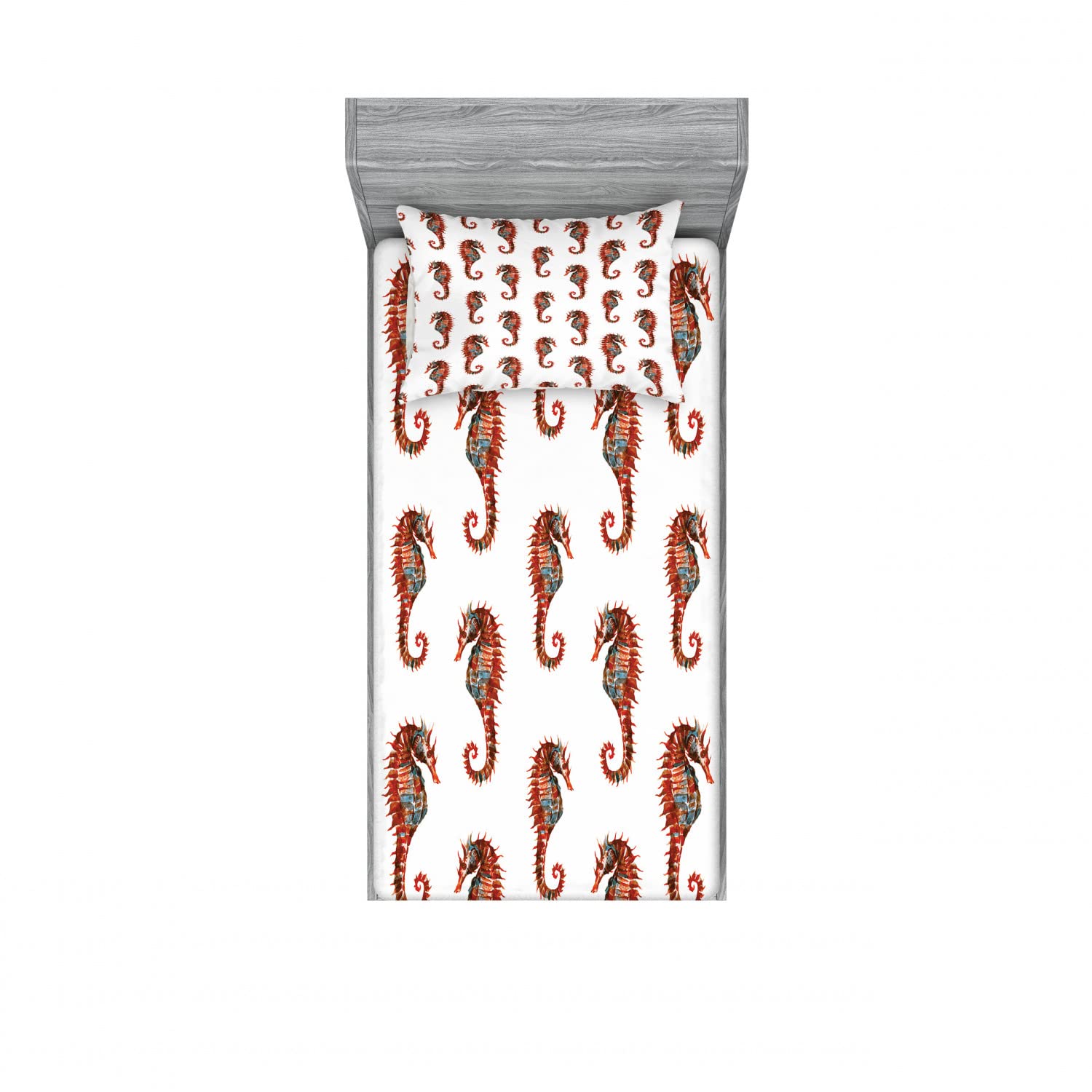 Ambesonne Seahorse 2-Pack Twin XL Fitted Sheet & Pillow Sham Set - Watercolor Pattern Grey Red 4-Piece Bedding Decor for Guest Room, Dorm, or Beach House