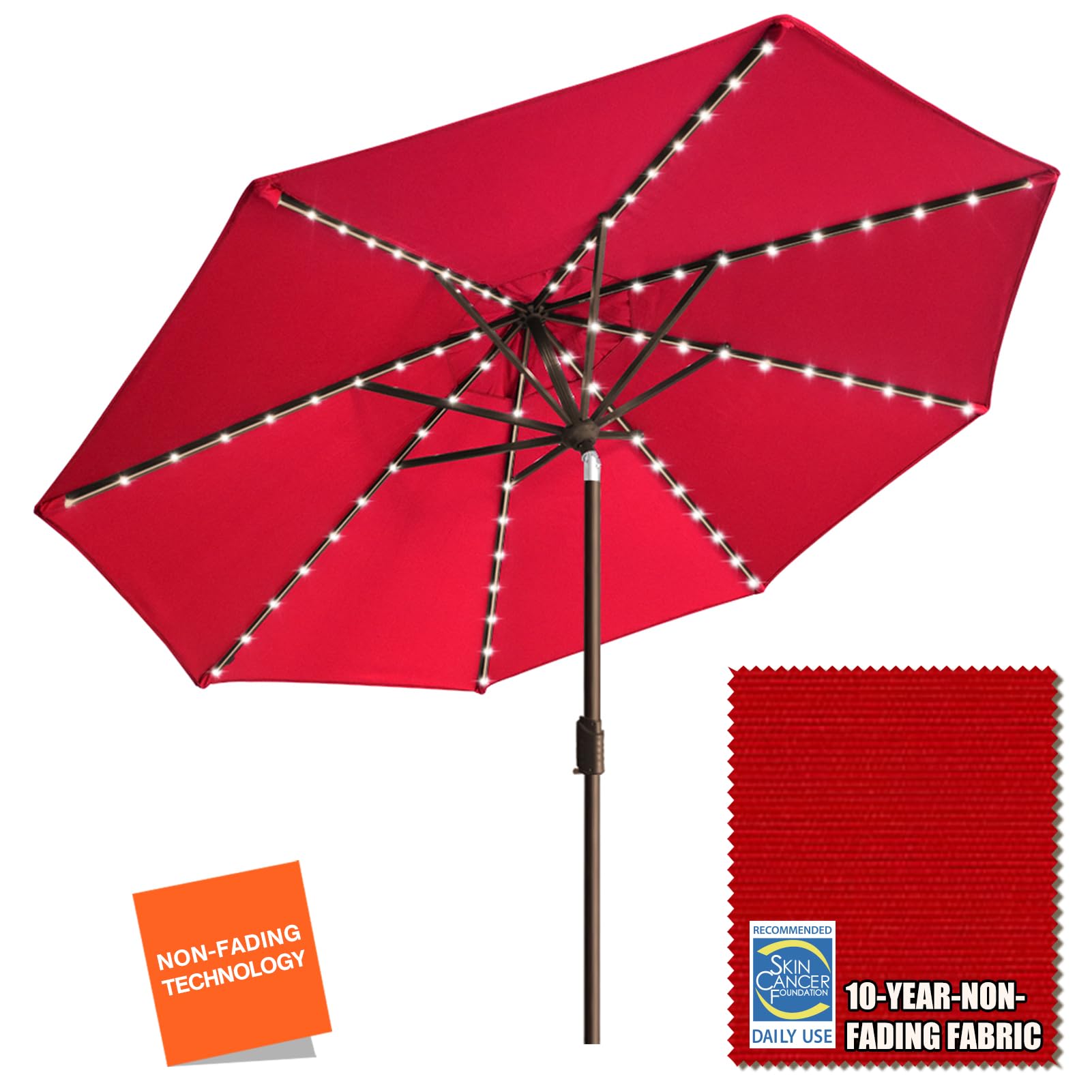 EliteShade USA 10-Year Fade-Resistant 9ft Solar LED Patio Umbrella with 80 Lights - Outdoor Market Umbrella with Ventilation & Logo Customization (Red) - Perfect for Backyard, Poolside, Restaurant, and Outdoor Dining Areas