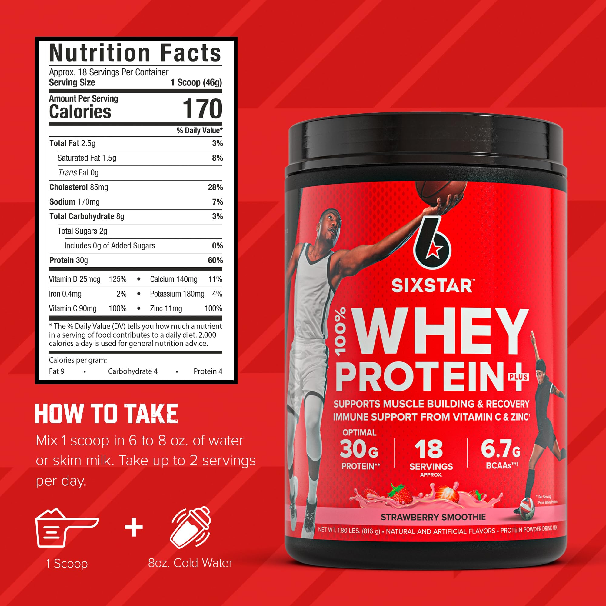 Six Star Whey Protein Powder Plus - Muscle Building & Recovery Formula with Whey Isolate, BCAAs, 30g Protein - Post Workout Supplement for Men & Women - Strawberry Smoothie Flavor, 1.8 lbs (30 Servings) - Ideal for Gym, Fitness & Muscle Recovery