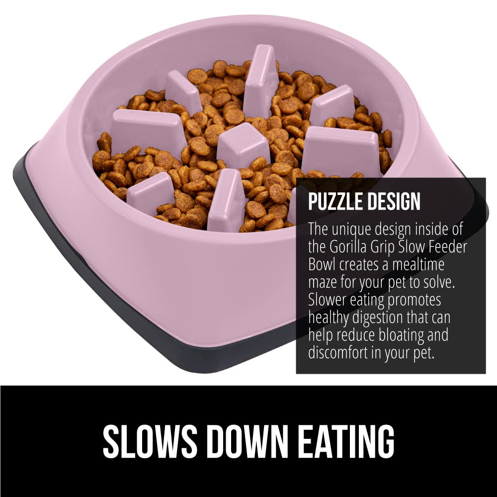GORILLA GRIP Slow Feeder Dog Bowl - Interactive Puzzle Toy for Dogs & Cats - Prevents Overeating & Keeps Pets Busy - BPA Free Pet Food Training Bowl - 2 Cup Capacity - Pink - Perfect for Meal Time & Mental Stimulation